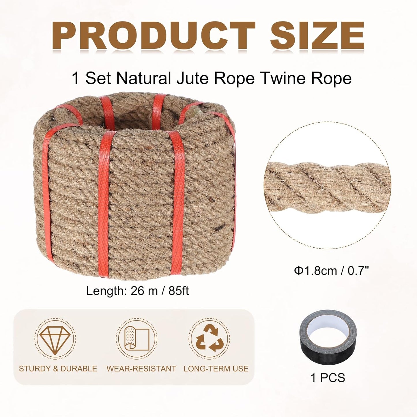 MECCANIXITY Jute Rope 0.7 Inch x 85ft, Thick Twine Rope Ropes Braided Jute Twine Natural Brown Burlap Cord String Heavy Twisted with Tape for Decorative Crafts Railing Swing Tug of War