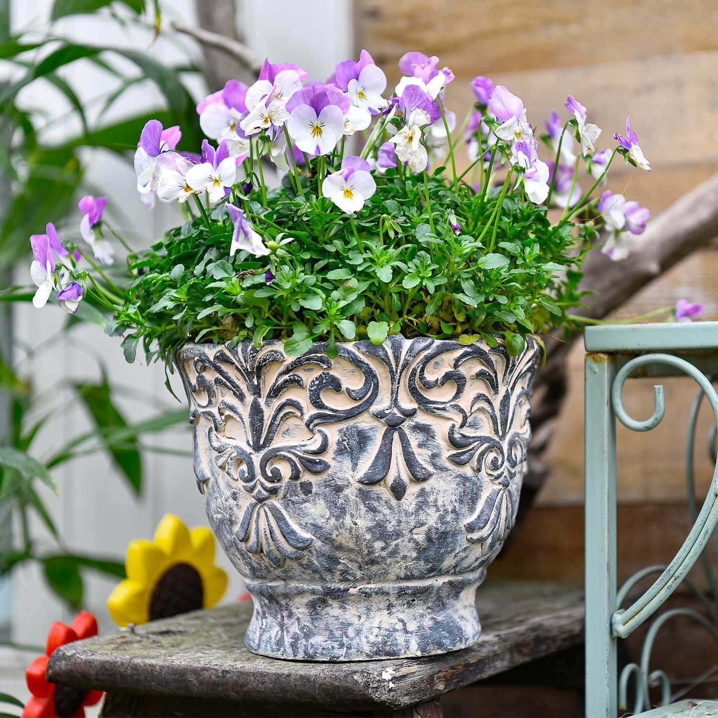 Sungmor 7.3 Inch Cement Plant Pot for Plants, Succulent Planter with Embossed Design, Vintage Concrete Flowerpots with Drainage Hole, Decorative Orchid Houseplant Pot Indoor Outdoor Plant Container