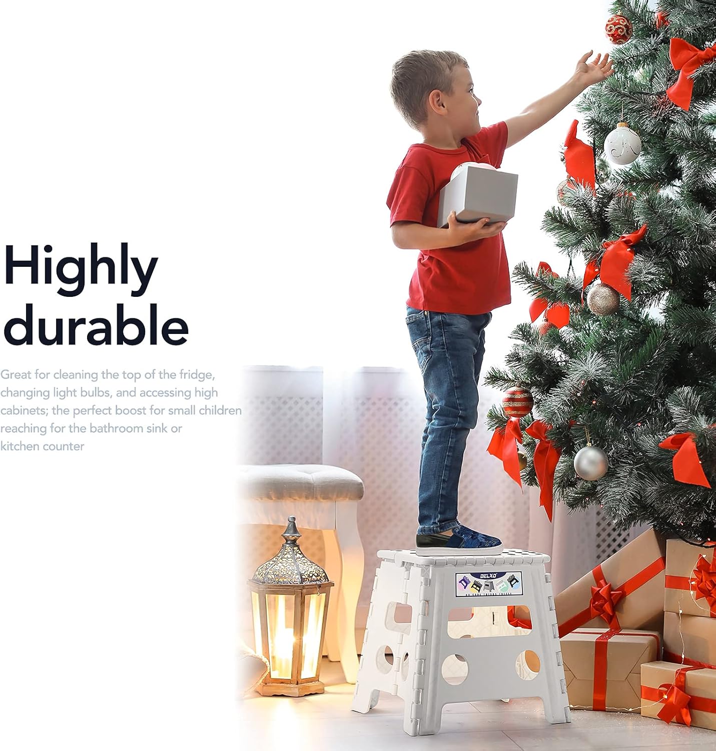 Delxo 13" Folding Step Stool for Kids and Adults, Non-Slip Foldable Step Stools with Handle,Plastic Portable Folding Stool for Bathroom,Bedroom,Kitchen,Hold up to 300lbs White