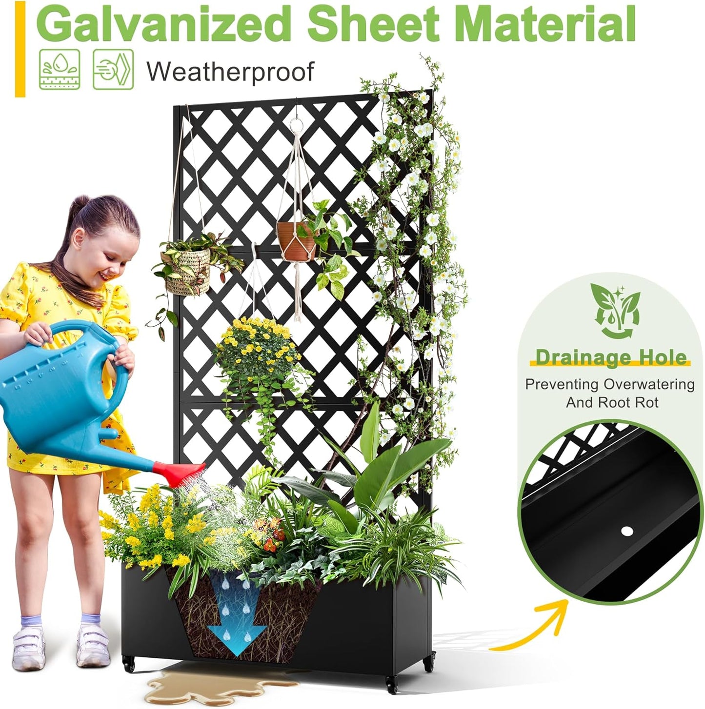FENCY Metal Planter Box with Diamond Lattice Trellis Planter Box for Climbing Plants/Vines, Galvanized Raised Garden Bed On Wheels, Garden Bed with Trellis(73"x35" Black)