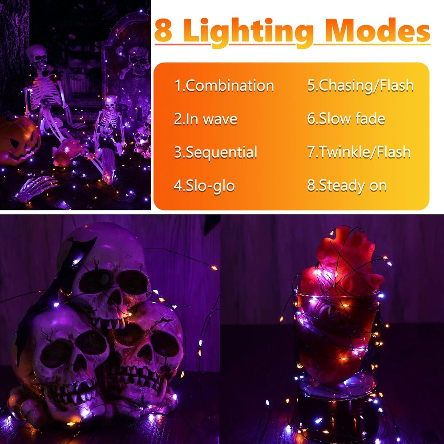 Joomer Orange Purple Halloween Solar String Lights - 2 Pack Total 80FT 240LED Solar Fairy Lights, Waterproof Outdoor Twinkle Lights with 8 Modes for Garden, Porch, Trees, Halloween Decor (Black Wire)