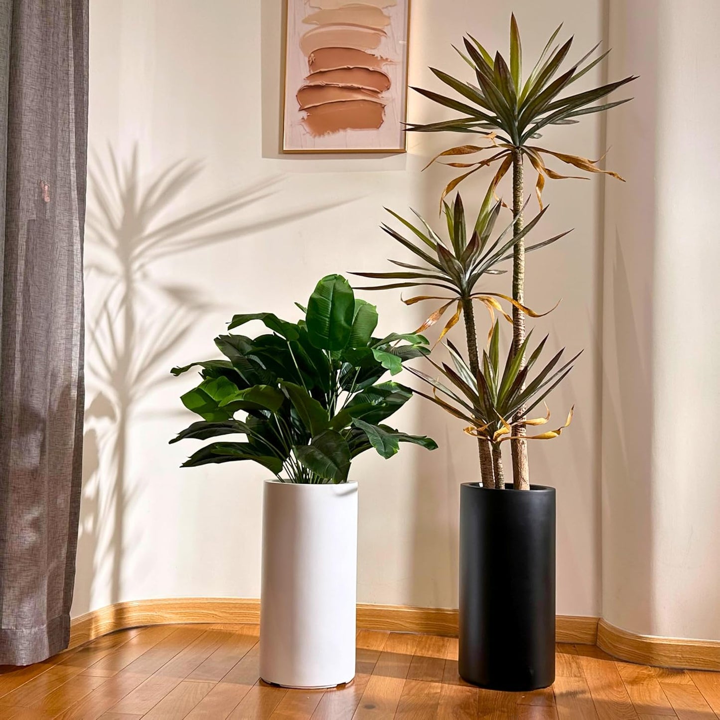 19.5"H x 9.8"D Tubo Fiberstone Cylinder Tall Planter with Drainage Hole, Smooth Finishes, Weather Resistant for Indoor and Outdoor Use, Included 2 Extra Coco Mats (White, 8.2" Pot Opening)