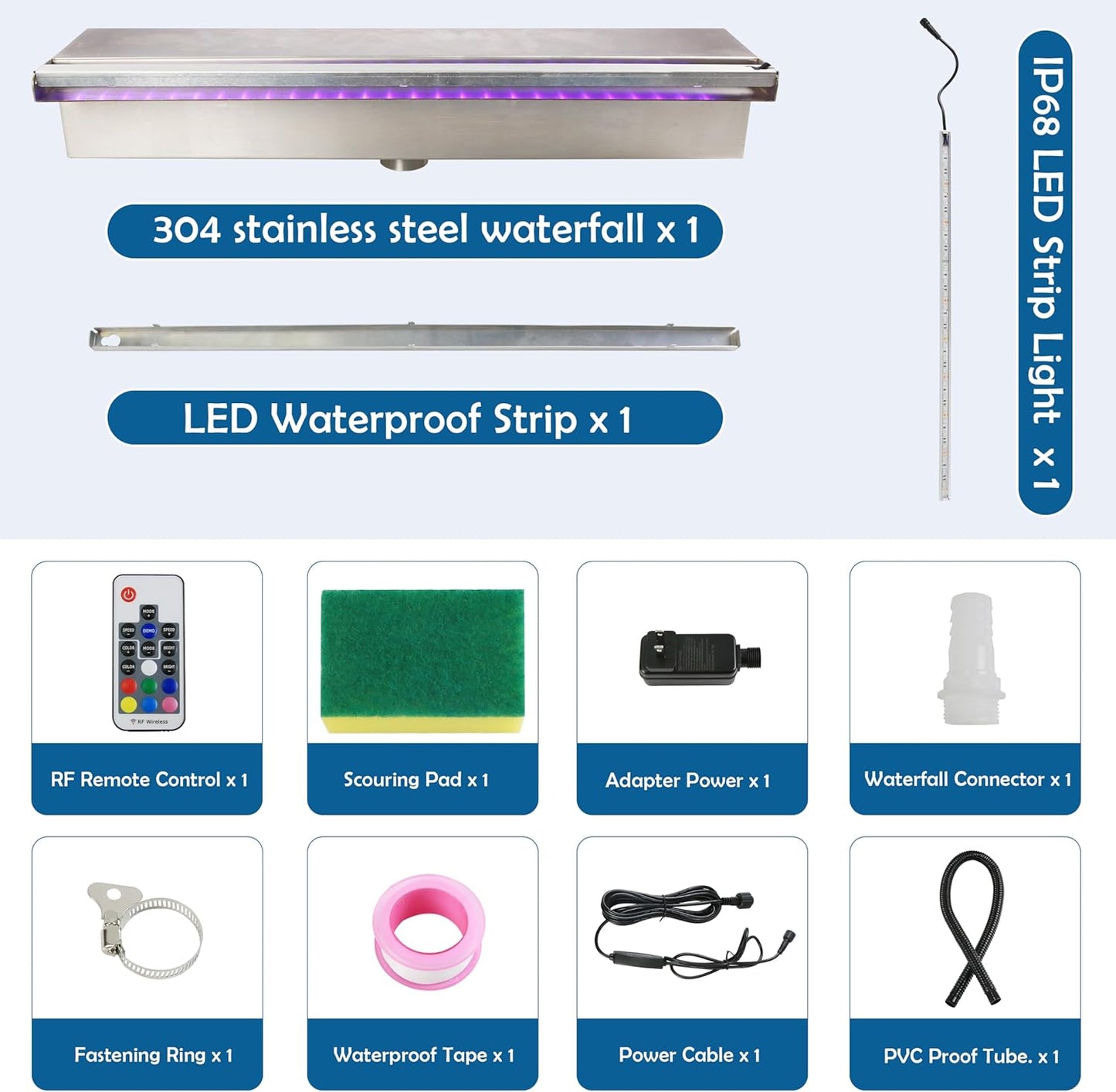 19.6 Inch Pool Waterfall Spillway, Stainless Steel Pond Waterfalls with Multi Color-LED Light Outdoor Pool Fountain, Water Flow Fountains Kit for Garden Patio & Rockery Decoration