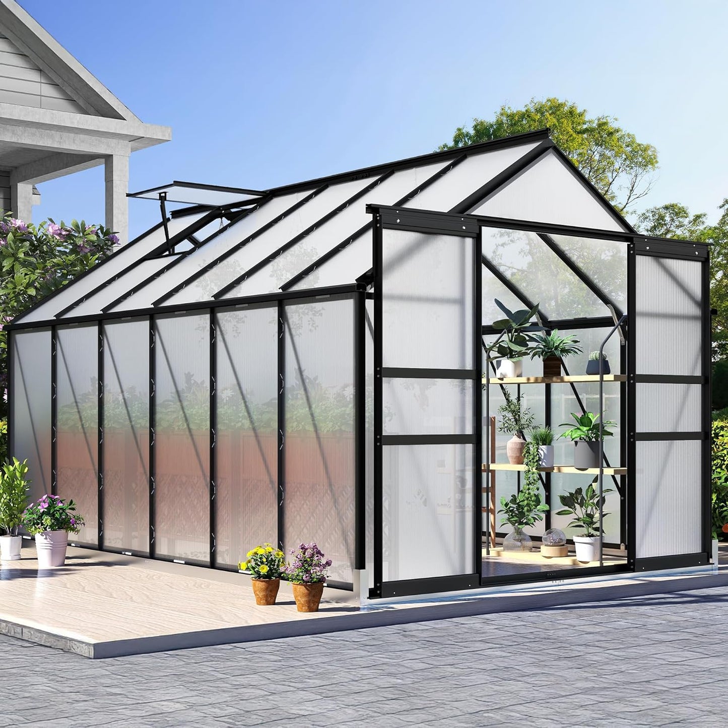 DWVO 8x12FT Polycarbonate Greenhouse for Outdoors, Large Heavy Duty Aluminum Greenhouses with Sliding Doors and Vent Window, Walk-in Greenhouse Large Sun House for Garden Backyard, Black