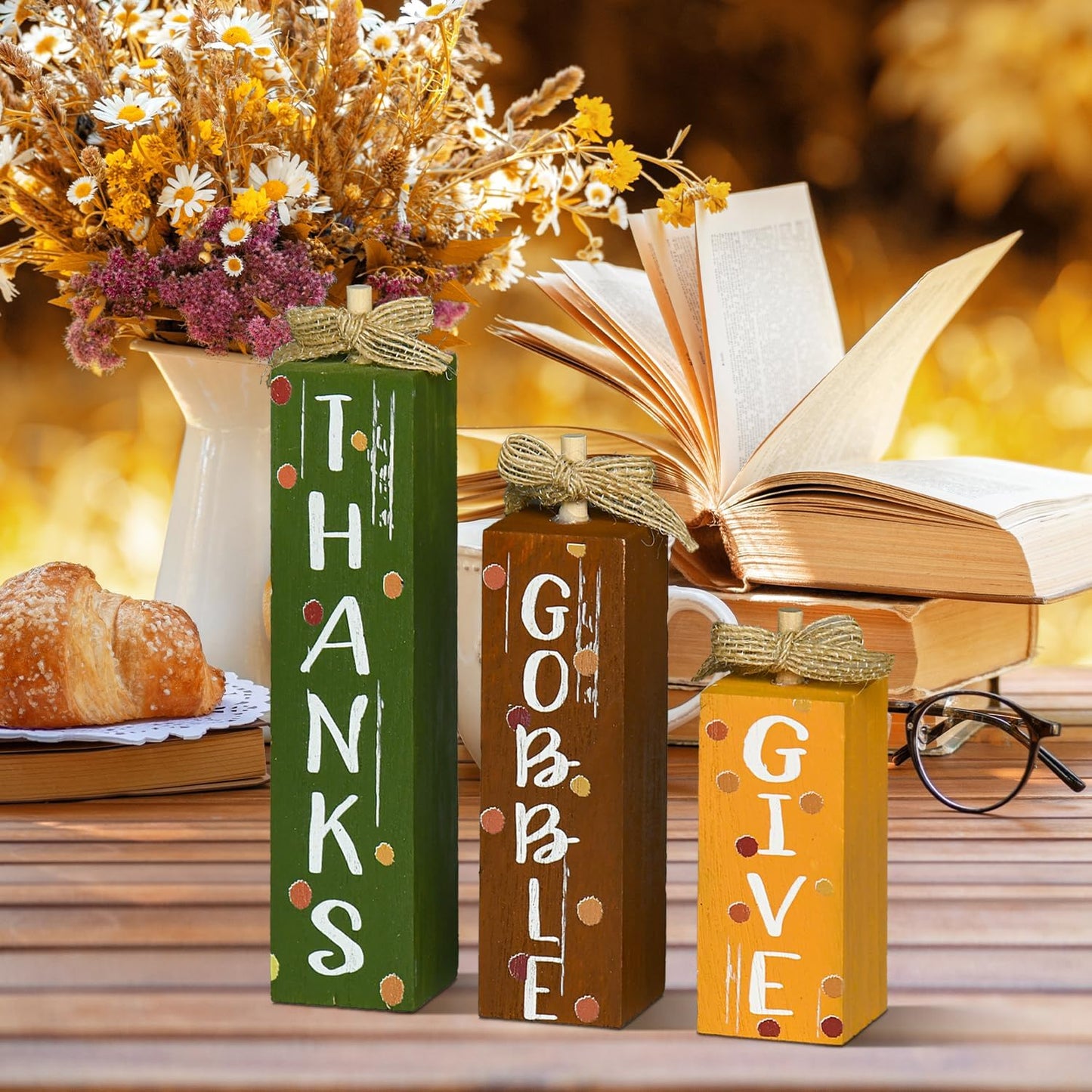 Smile Thanksgiving Decor Indoor Wooden Sign, Give Thanks Gobble Decor for Rustic Farmhouse Home, Thanksgiving Table Tiered Tray Kitchen Decorations.
