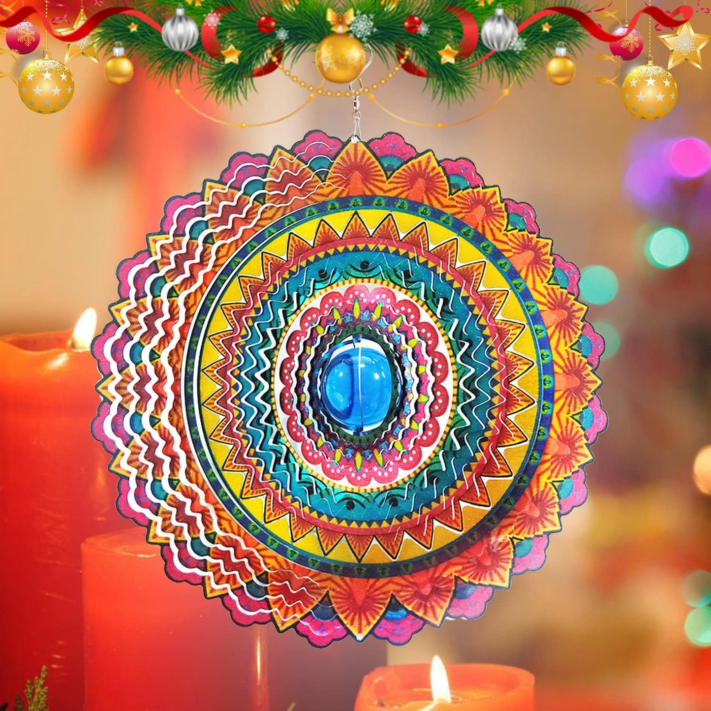 FONMY Wind Spinner 3D Stainless Steel Christmas Decoration Room Decor Indoor/Outdoor Garden Decoration Hanging Ornaments Kinetic Yard Art Decorations 12 inches Multi Red Mandala Wind Spinners