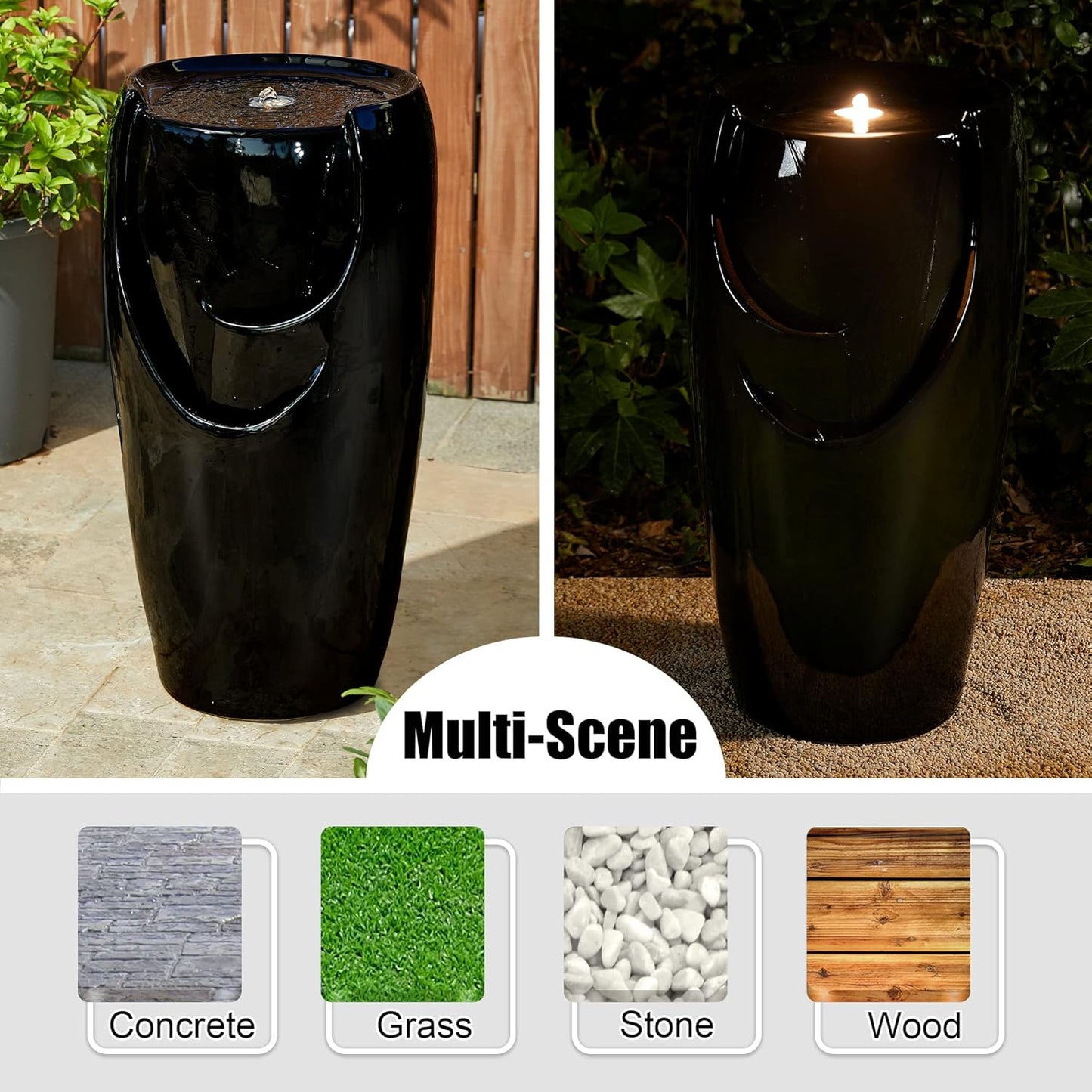 Glitzhome 29.25" H Oversized Ceramic Vase Outdoor Water Fountain Tall Patio Garden Water Fountain with LED Light and Submersible Pump Yard Art Decor, Black, 29.25”H