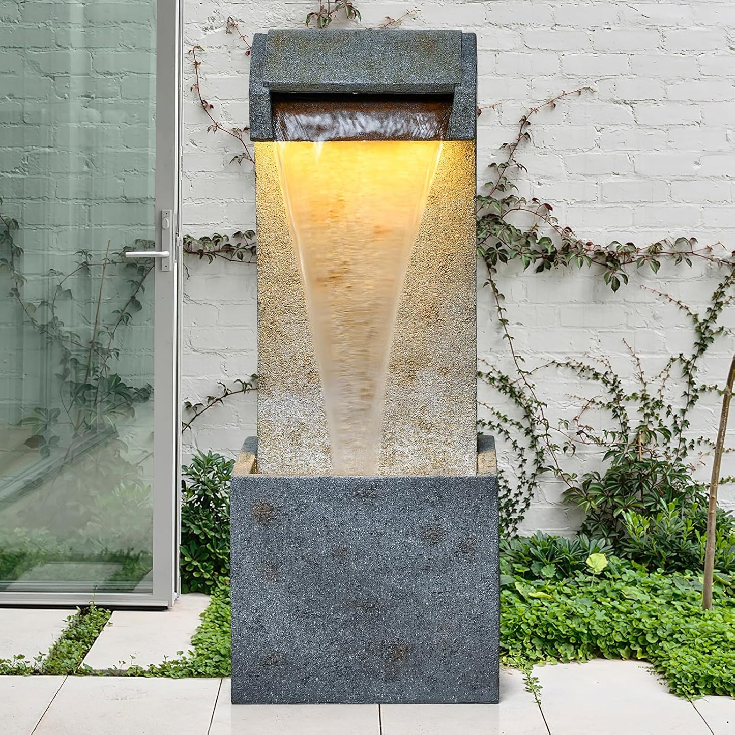 35.83'' Outdoor Garden Cascading Stone Floor-Standing Waterfall Fountain with LED Lights for Patio, Backyard, Deck, Porch and Home Art Decor