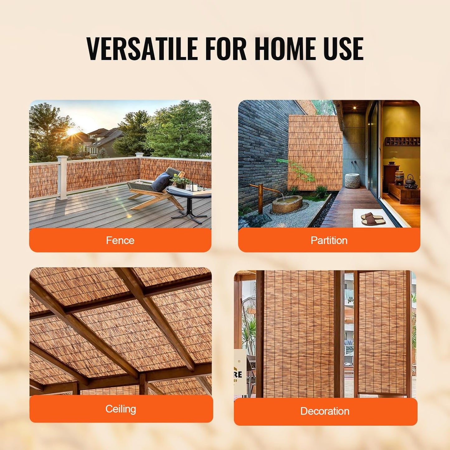 VEVOR Natural Reed Fencing, 4 ft x 16.4 ft, 2 Pack Reed Screen Curtain Balcony Reed Fence Roll for Outdoor Backyard Patio, Decorative Fence for Backyard Garden Fencing Divider, Privacy Panel, Brown