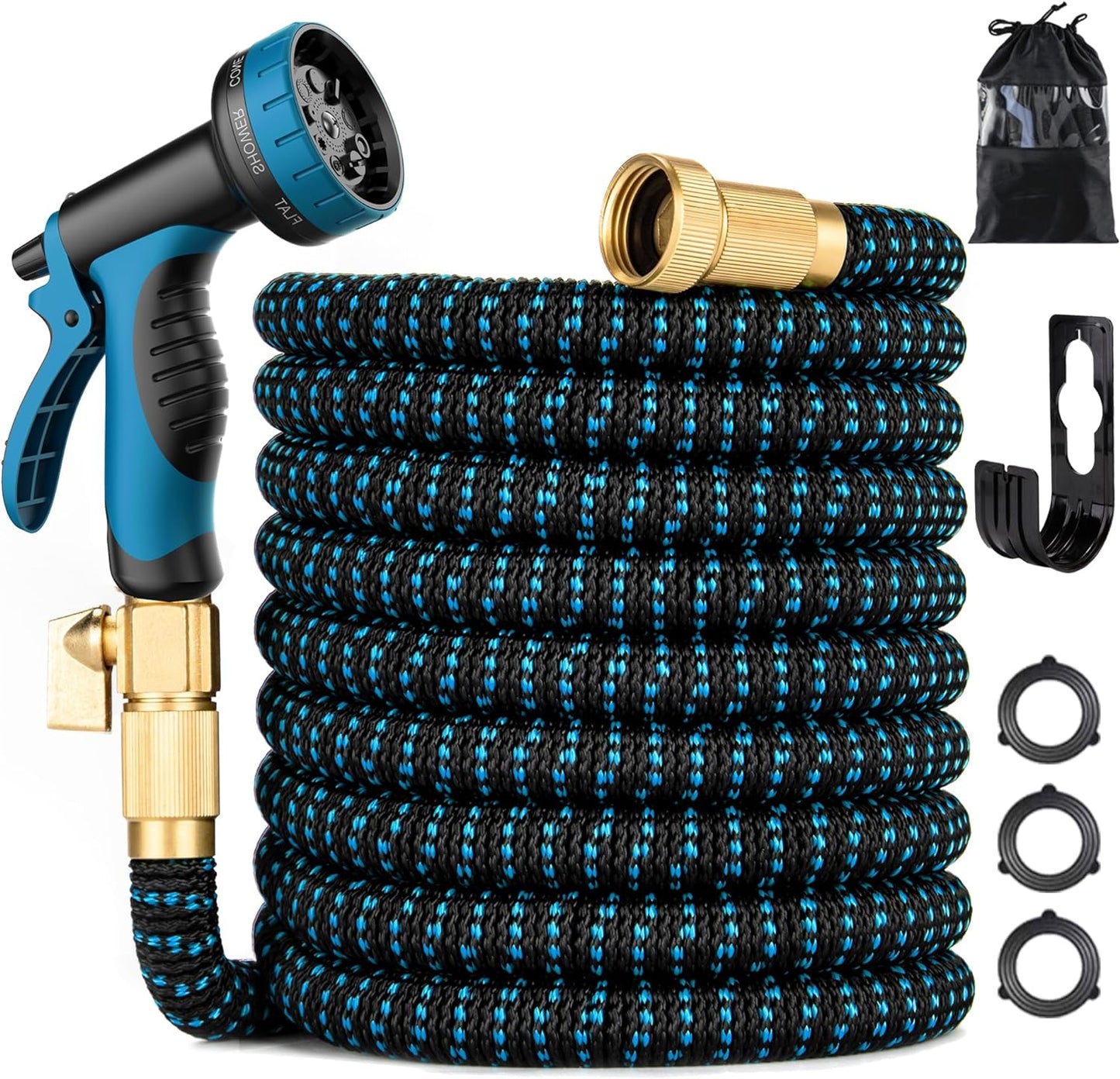 100 ft Expandable Garden Hose - Kink Free Flexible Water Hose 100ft with 10 Pattern Spray Nozzle, 3/4 Solid Brass Connectors, Retractable Latex Core - Lightweight Expanding Hose