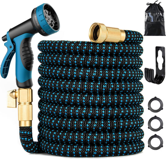 100 ft Expandable Garden Hose - Kink Free Flexible Water Hose 100ft with 10 Pattern Spray Nozzle, 3/4 Solid Brass Connectors, Retractable Latex Core - Lightweight Expanding Hose