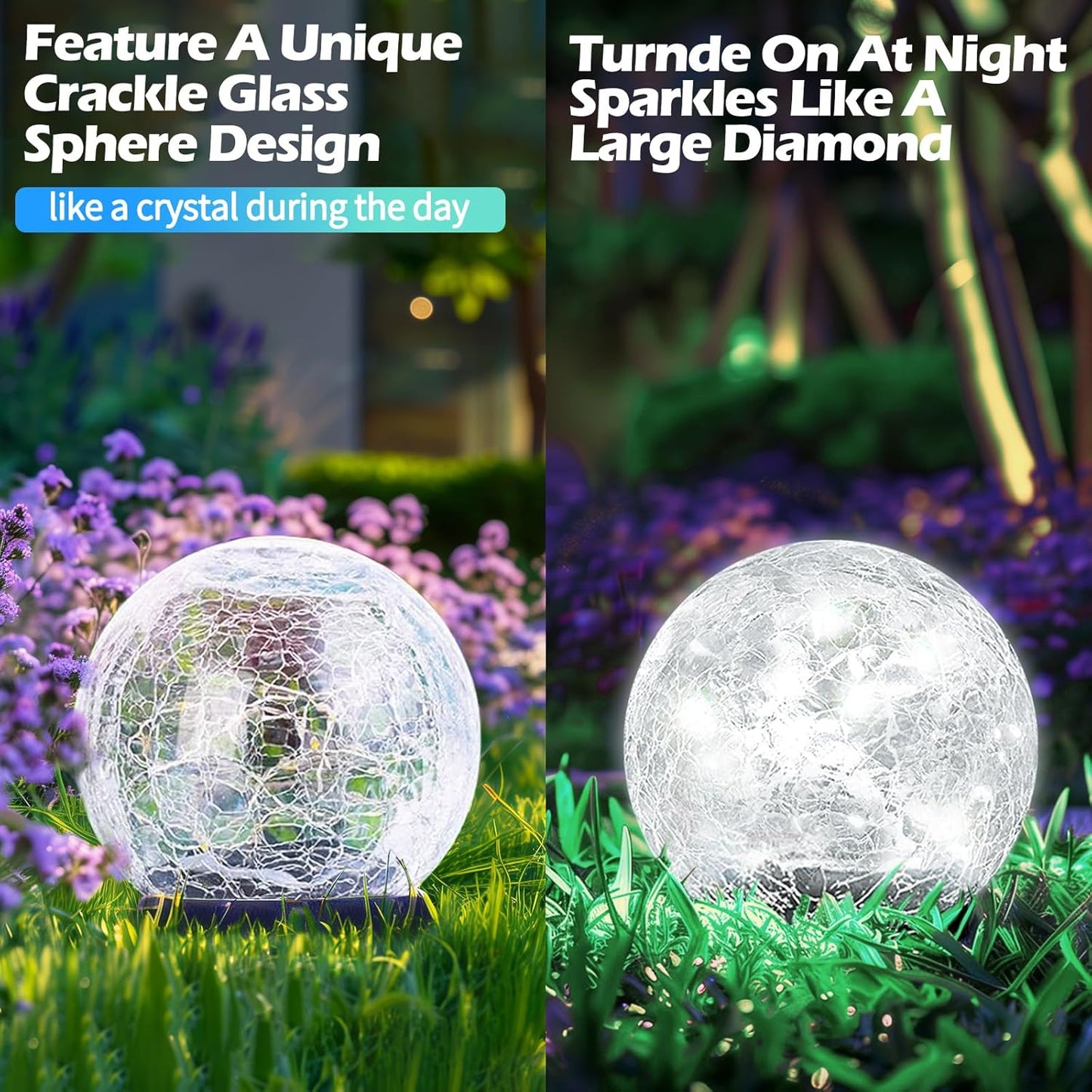 Garden Solar Ball Lights Outdoor Waterproof, 50 LED Cracked Glass Globe Power Ground for Path Yard Patio Lawn, Outdoor Decoration Landscape White (2 Pack 4.7'')