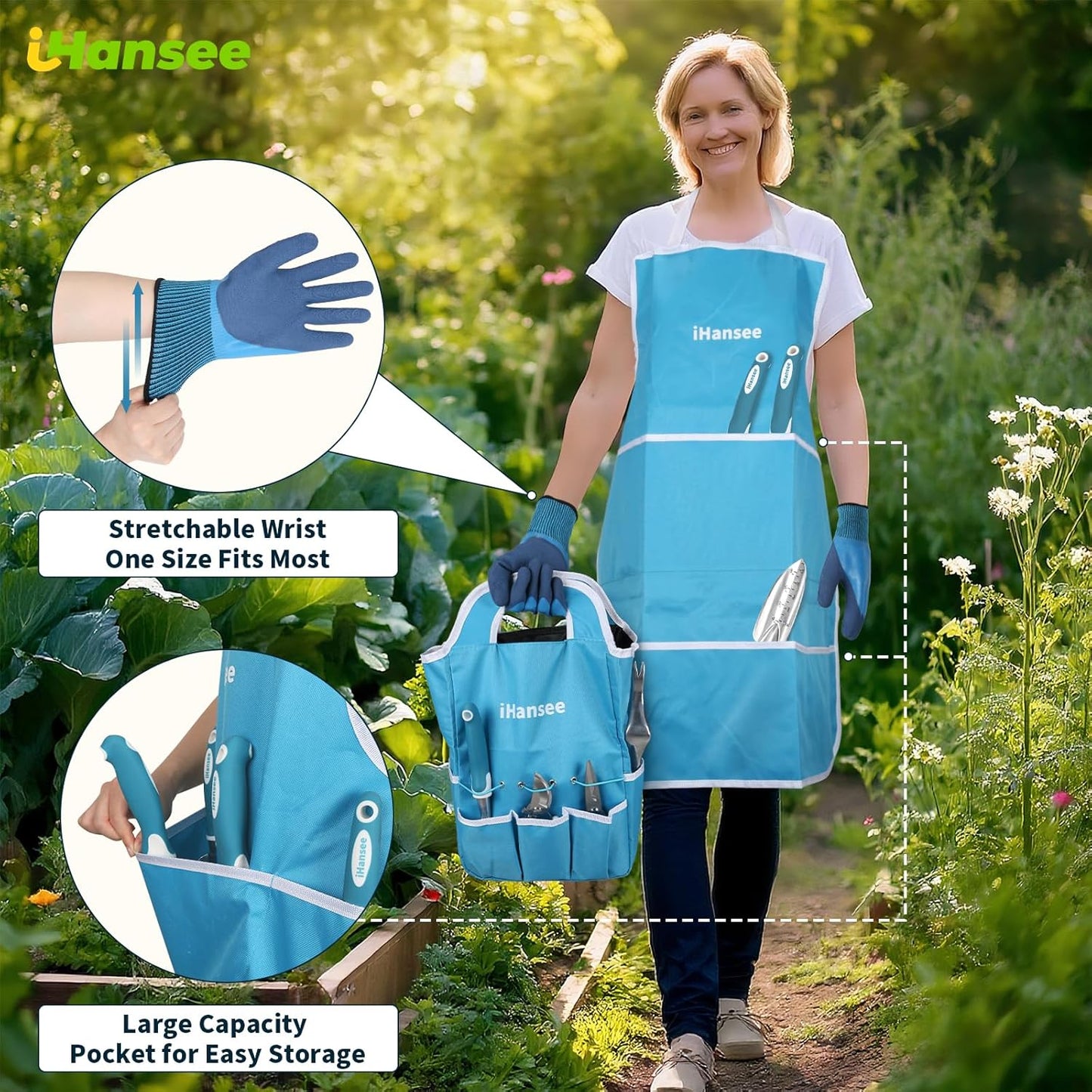 Blue Garden Tool Sets 12-Piece, Aluminum Gardening Hand Tools w/Ergonomic Handle, Garden Supplies Organizer Handbag, Kneeling Pad, Apron and Gloves, Gift for Women, Garden Starter Kit for Women