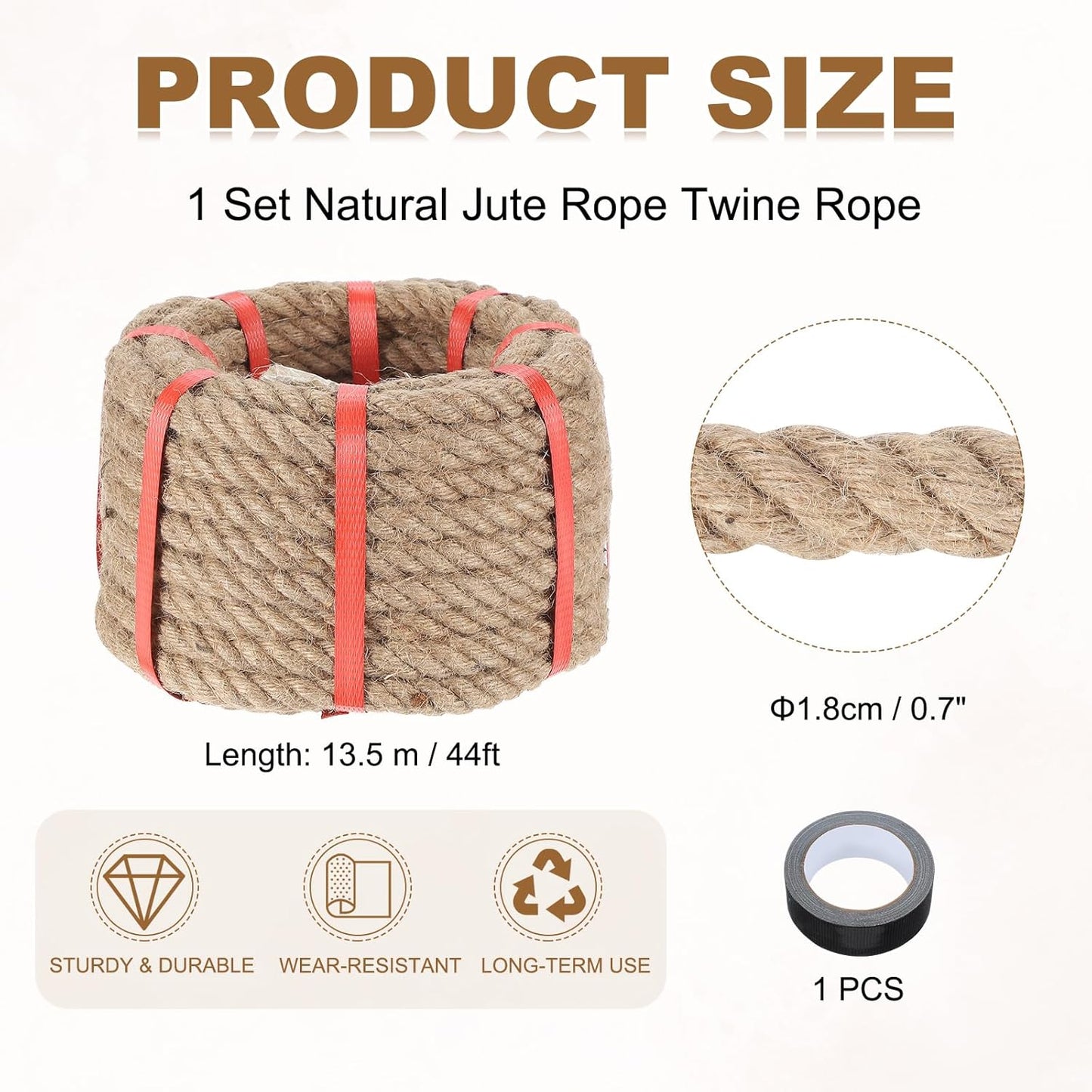 MECCANIXITY Jute Rope 0.7 Inch x 44ft, Thick Twine Rope Ropes Braided Jute Twine Natural Brown Burlap Cord String Heavy Twisted with Tape for Decorative Crafts Railing Swing Tug of War