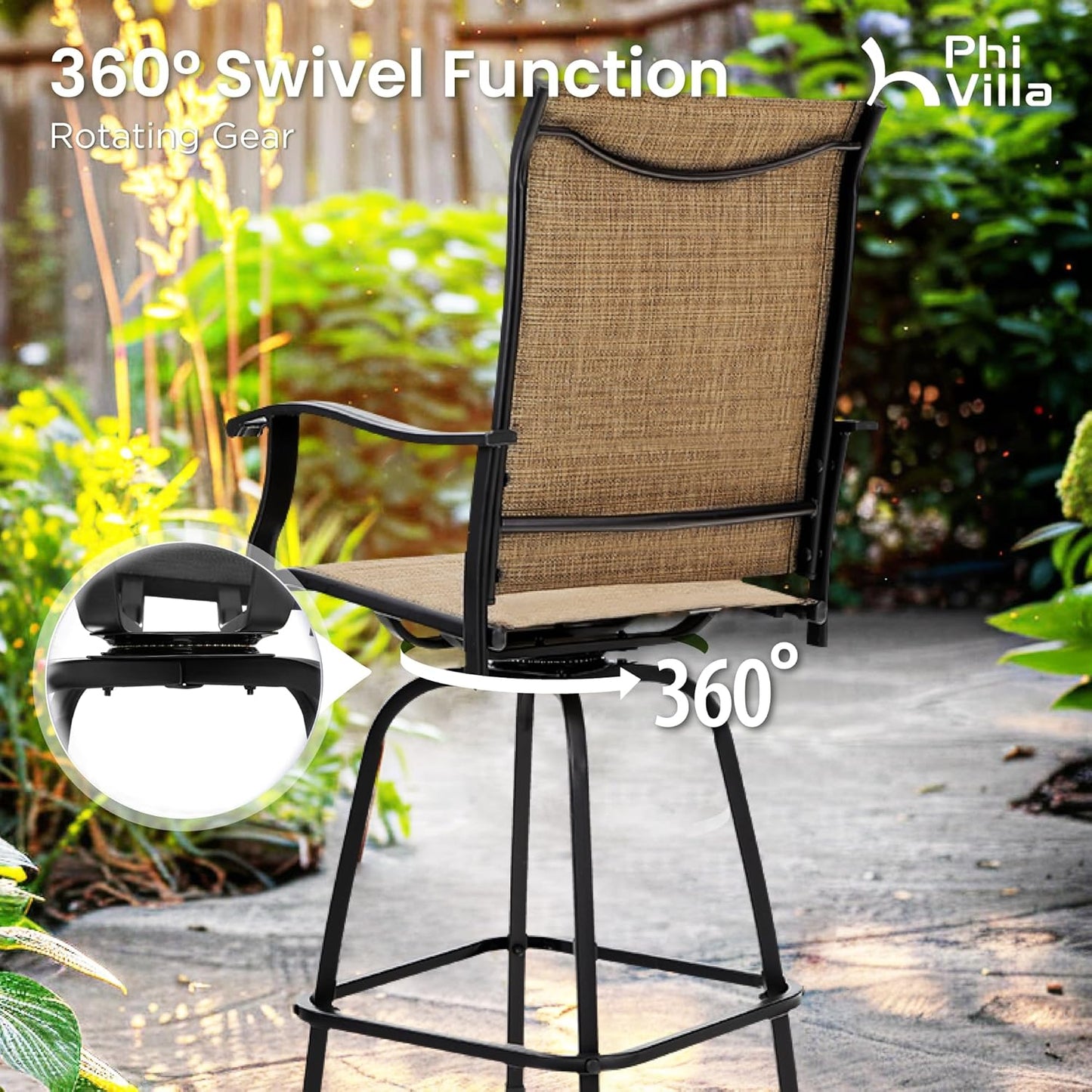 PHI VILLA Outdoor Bar Stools Set of 4, Swivel Patio Bar Stools & Chairs with 30" Seat Height & Brown Textilene Backrest, Tall Outdoor Chairs Bar Funiture for Outside, Porch and Yard