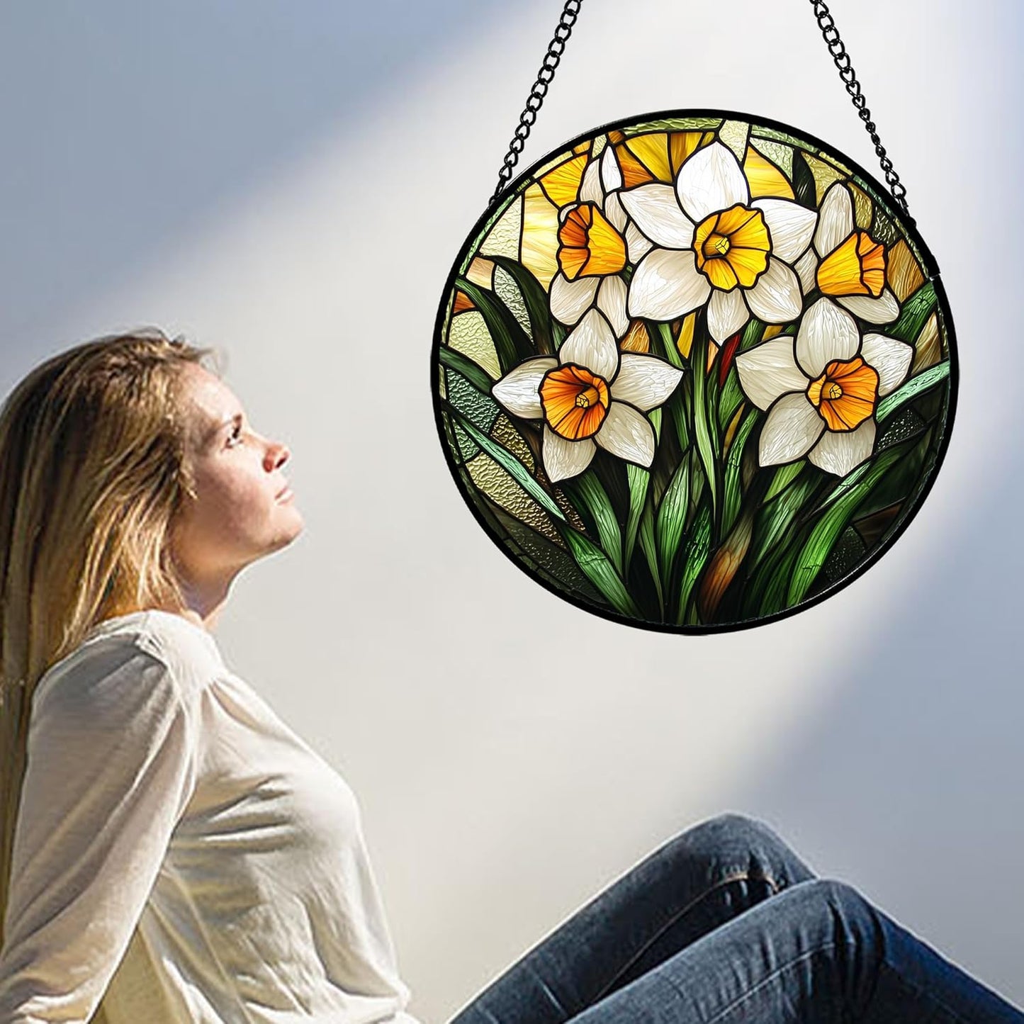 Stained Glass Window Hanging, Yellow and White Daffodils Sun Catcher for Door Home Decor Plants Flowers Suncatcher Christmas Mother's Day Birthday Gifts for Women Men Mom Nana 11.8 in