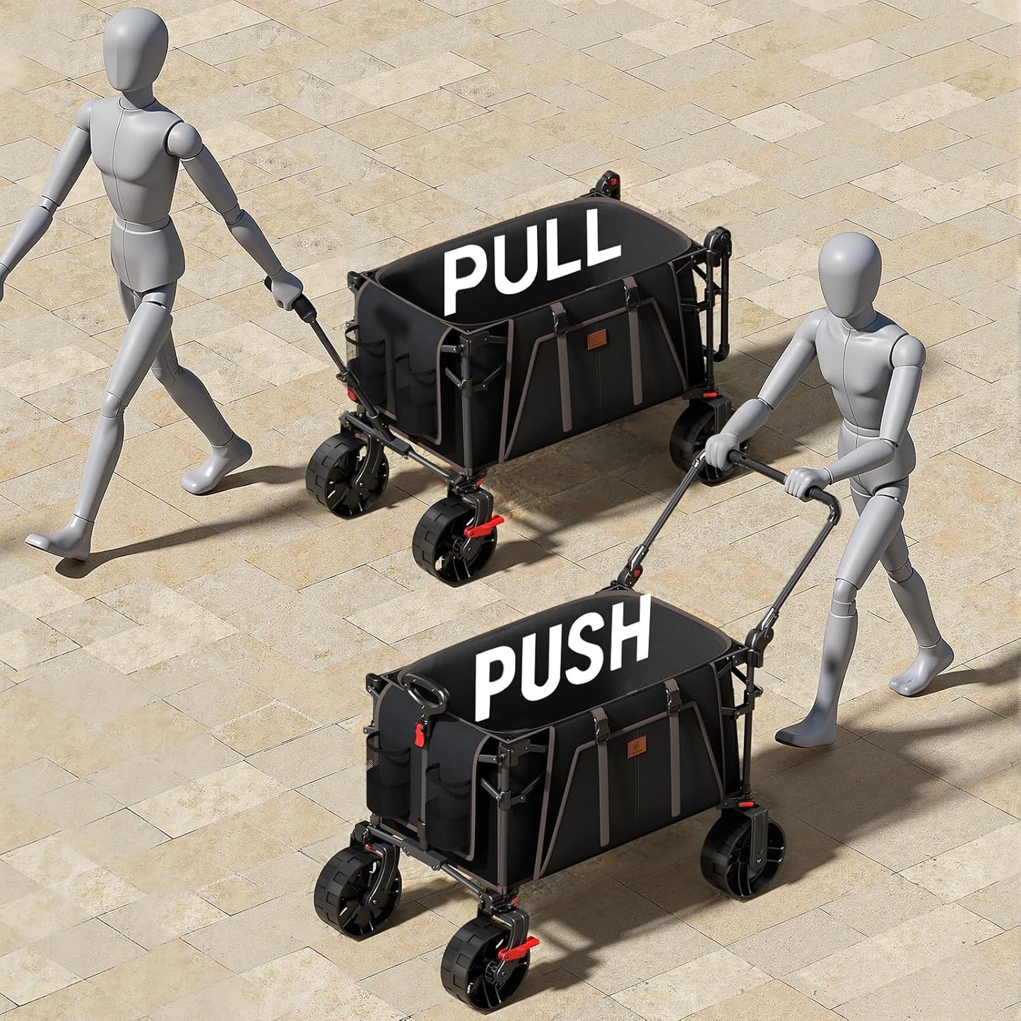 EVER ADVANCED Folding Push Wagon with Canopy, Portable Shopping Cart with Brakes, Collapsible Wagon Cart with All-Terrain Big Wheels for Camping, Beach, Sports