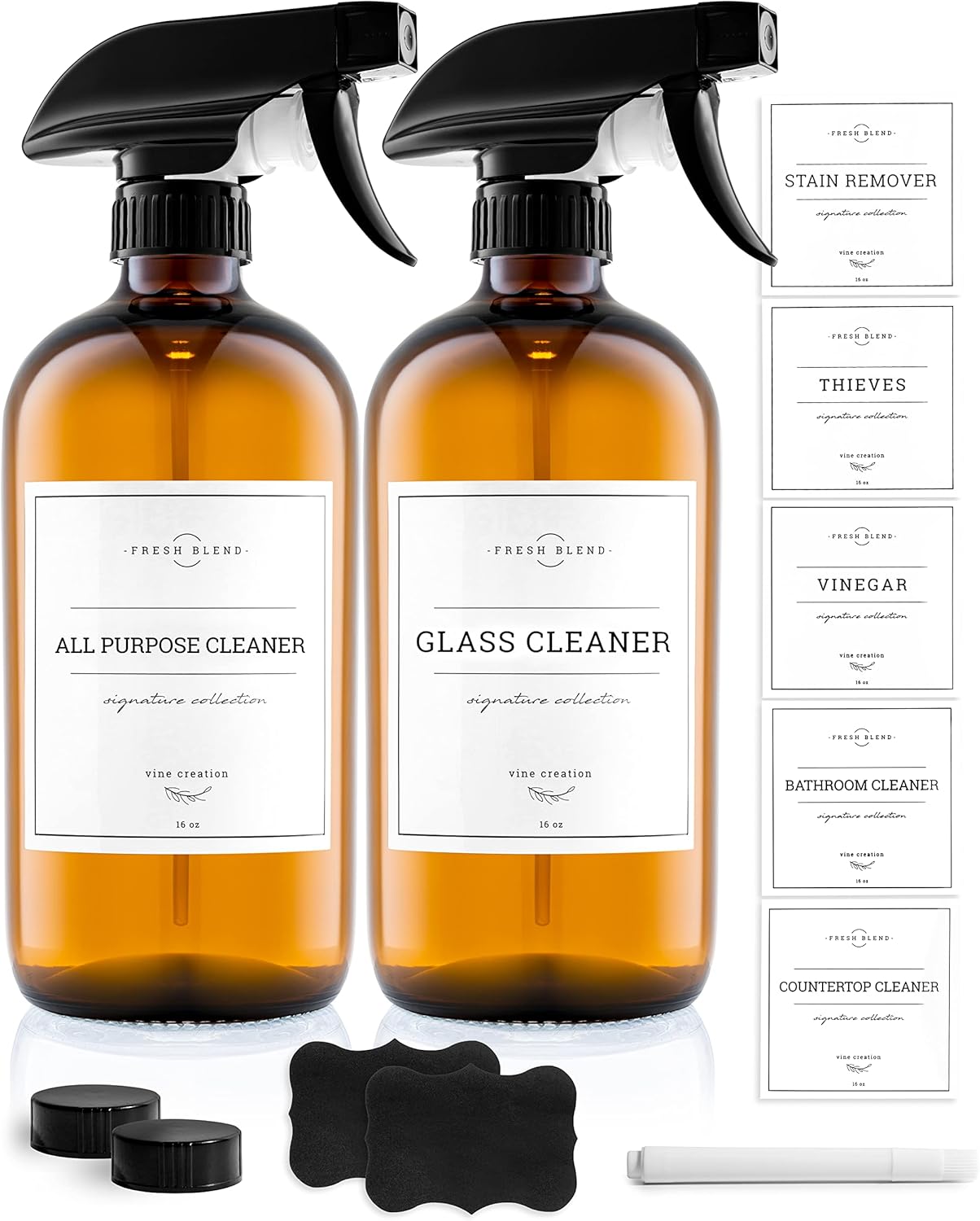 Vine Creations Amber Glass Spray Bottles, 2 Pack Glass Refillable Bottles for Cleaning solutions, 16 oz Spray Bottle for Cleaning, Mister Spray Bottle, Amber Spray Bottles with Waterproof Labels
