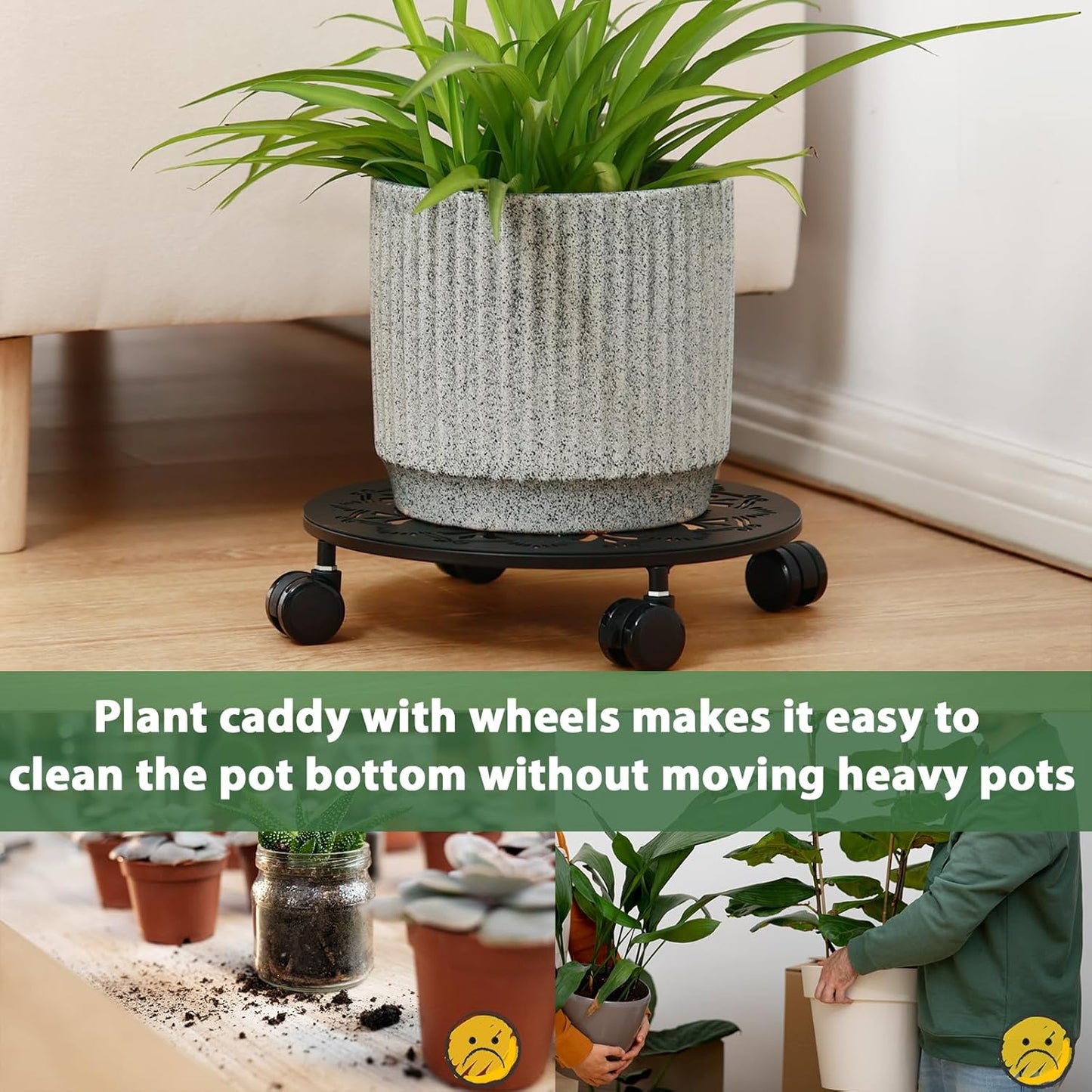 2 Pack Rolling Plant Caddy with Wheels 12 Inch, Plant Rollers with Wheels Metal Plant Caddy with Wheels Heavy Duty Plant Stand for Large Plants, Matte Black Rolling Planter Base, 4 Wheels for Planters