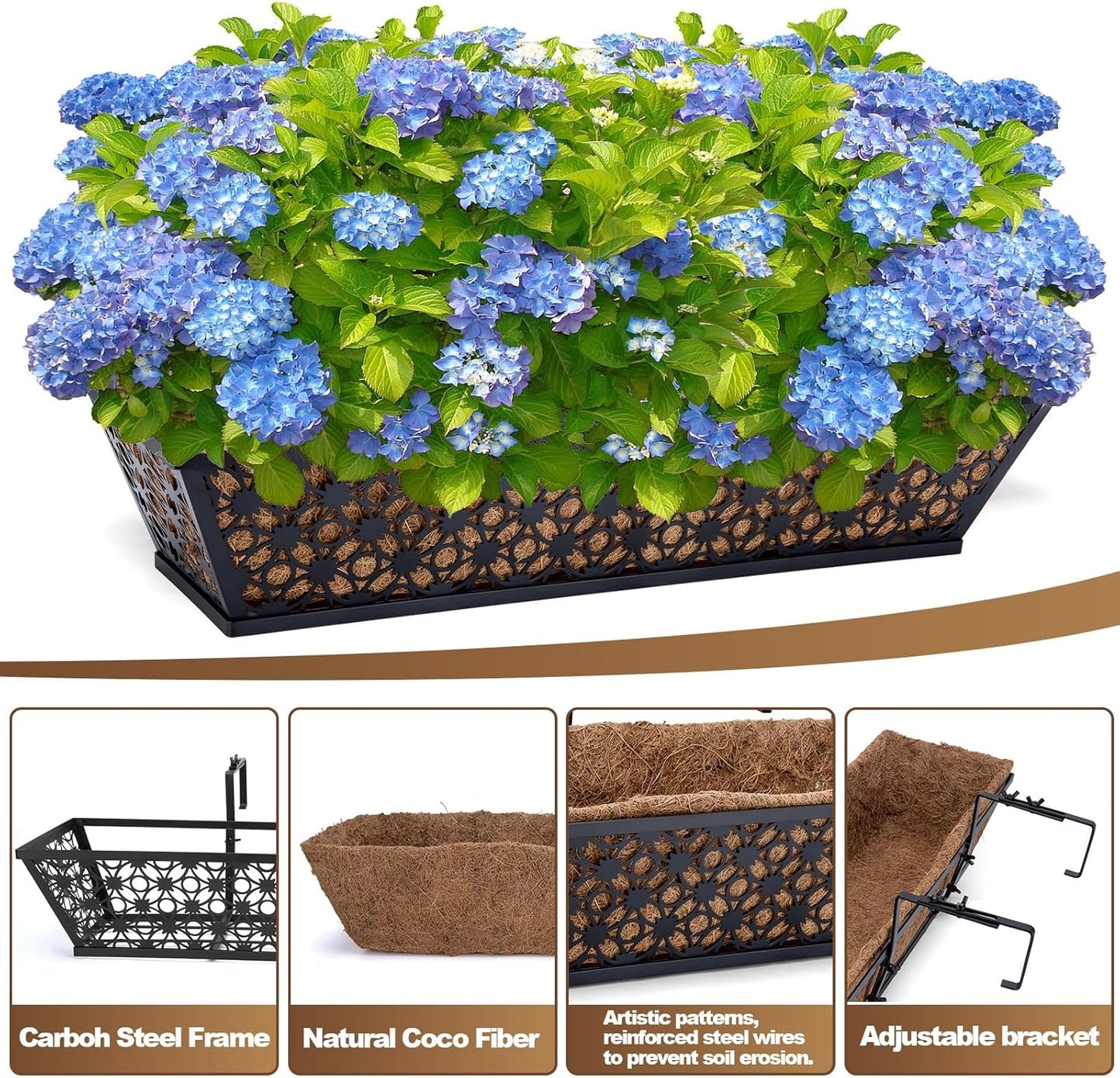 4 Pack 24 Inch Window Box Planters Outdoor,Deck Railing Planter Boxes with Coco Liner,Metal Hanging Window Flower Boxes for Balcony Fence Porch Garden Railing – Outdoor Window Flower Box