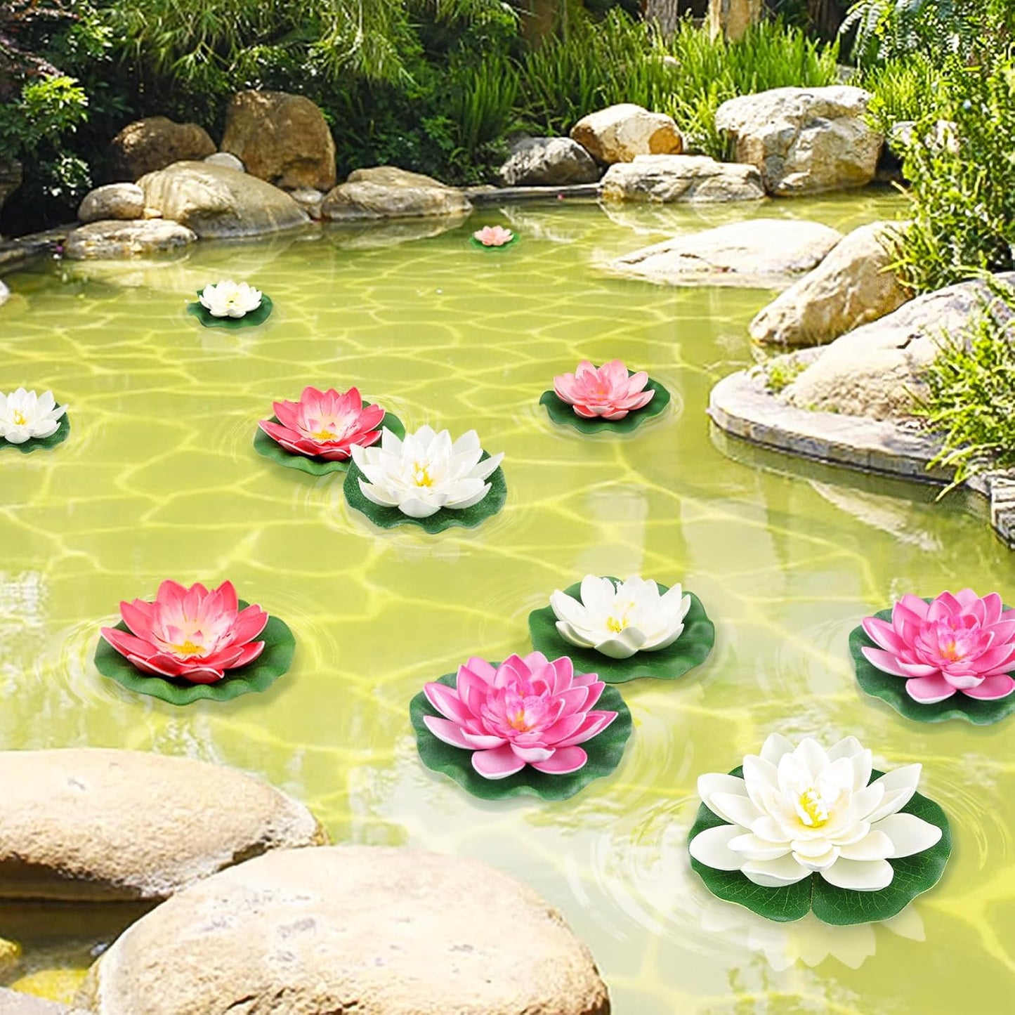 10PCS 3 Sizes Artificial Foam Lotus Floating Flowers with Water Lily Pad Ornaments for Home Garden Pond Decor Pools Water Decorations, Pink and White
