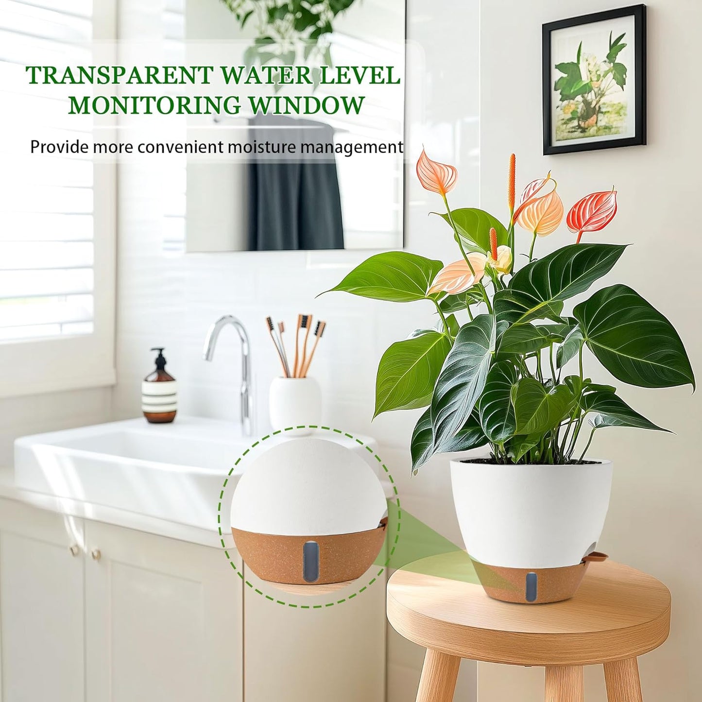 2 Pack 10 inch Plant Pots, Plastic Self Watering Planters with Drainage Holes, Deep Reservoir, Water Level Indicator, Modern Decorative Flower Pots for Indoor Outdoor Plants (White, 10 inch)