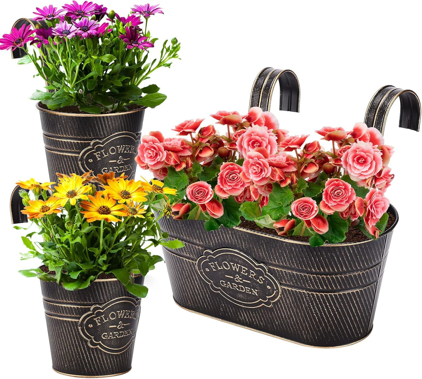 PerGar Vintage Metal Iron Wall Hanging Flower Pots, Rustic Planter Bucket Herb Flower Plant Holder with Detachable Hooks & Drainage Hole for Railing Fence Balcony Deck Garden Home Decoration, Set of 3
