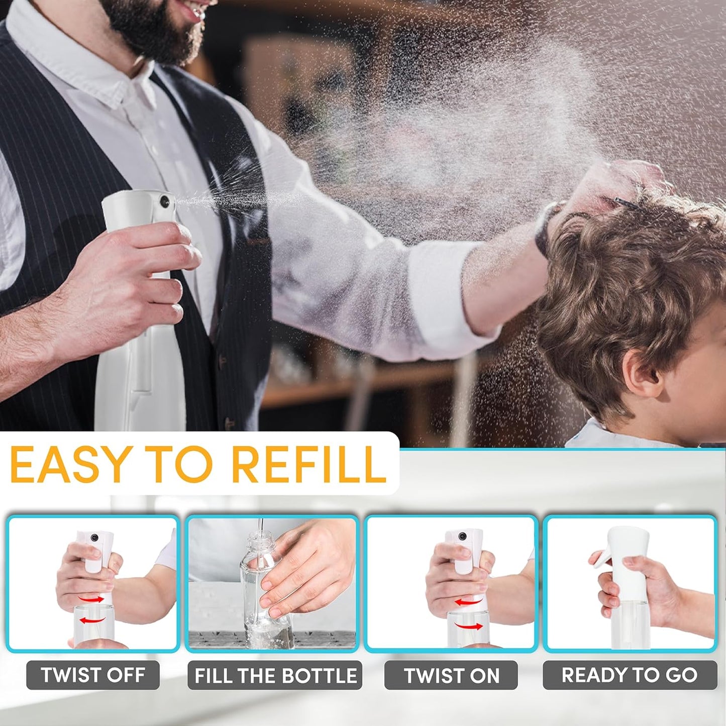 Hula Home Spray Bottle for Hair (20oz/590ml) - Powered by Flairosol® Spray Technology - Continuous Ultra Fine Mist Sprayer – For Hairstyling, Cleaning, Salons, Plants, Essential Oil & More - White