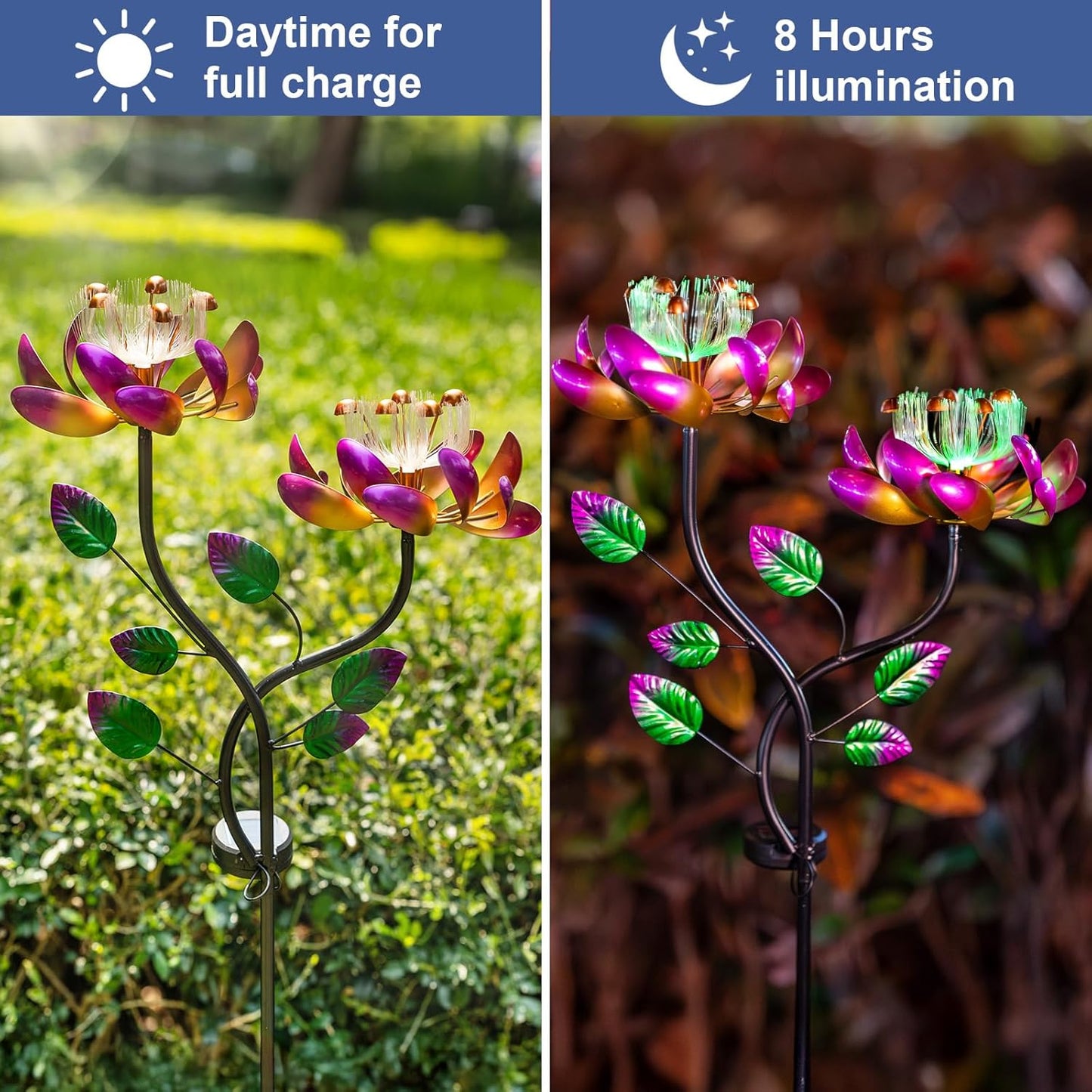 Solar Wind Spinners Pink Twin Flowers for Yard and Garden, Solar Windmill Garden Whirligig Kinetic Spinners Decor for Lawn, Patio, Yard, Metal Wind Outdoor Sculpture