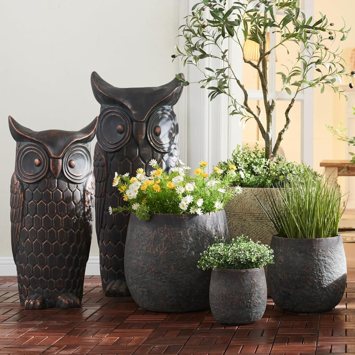 17.3"+12.9"+9.0" Dia Weathered Concrete Flower Pots, Modern Round Style Concrete Planter for Home, Garden, Patio, Courtyard, Bronze Rust Color, Set of 3