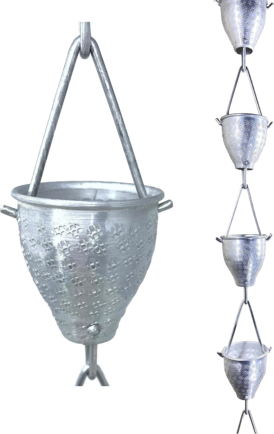 8.5 ft Tinkle Trickle Cups Aluminum, to Replace Roof Gutter Downspout, with Installation Kit, Rainwater Catcher/Water Diverter, JAS3007AL