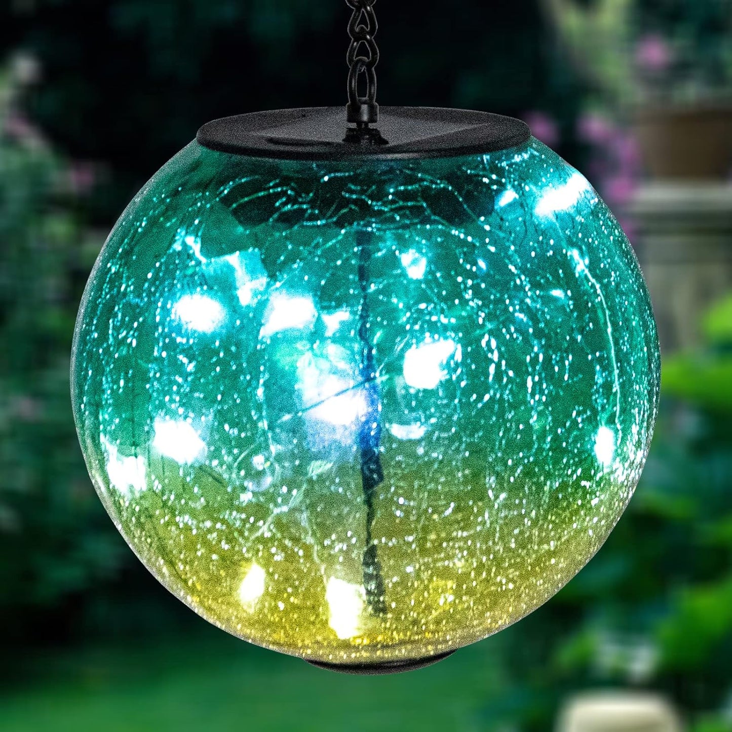 Hanging Solar Lights Outdoor Solar Lanterns Outdoor Decorative Cracked Glass Ball Lights Solar Powered Waterproof LED Globe Lantern for Outdoor Porch Patio Garden Decor Gift Green
