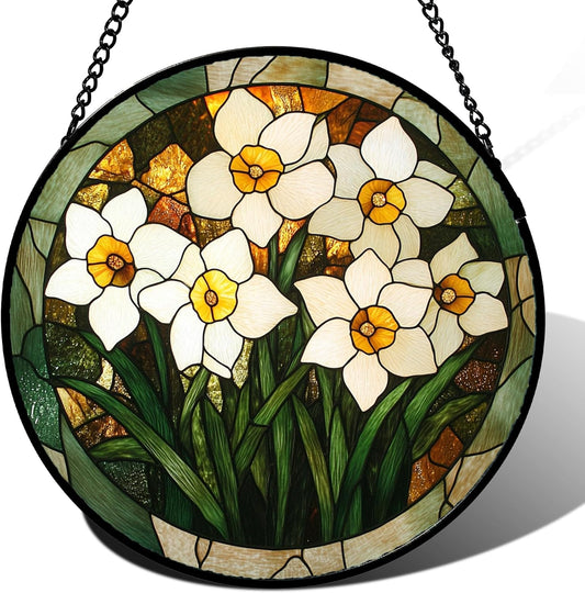 Stained Glass Window Hanging, White Lily Suncatcher for Door Garden Patio Birth Flower Green Plant Sun Catchers Decor Christmas Mother's Day Birthday Gifts for Women Mom Nana Friend 11.8 in