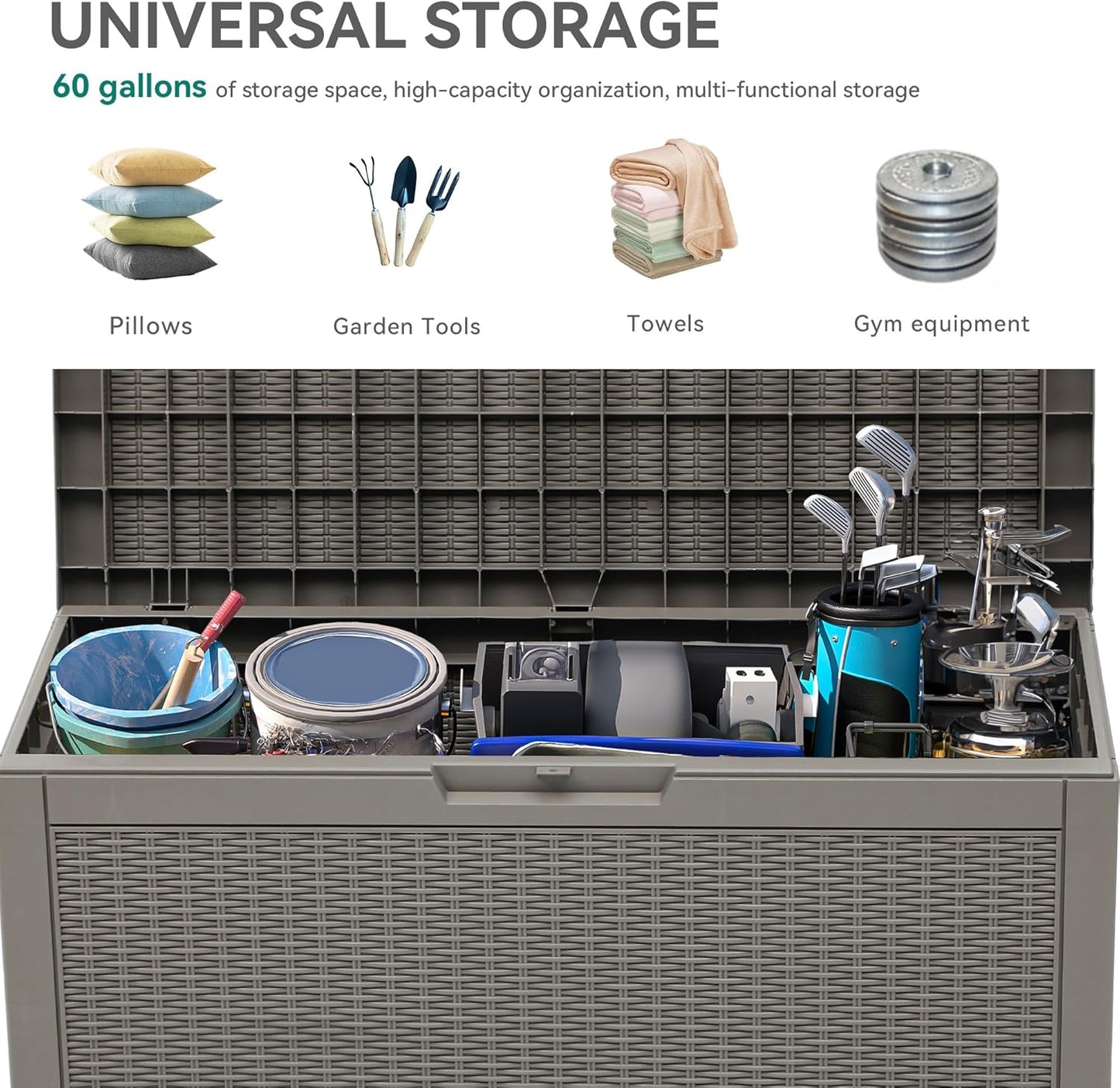 YITAHOME 60 Gallon Resin Deck Box, Weather Resistant Outdoor Rattan Storage Box, Lockable Indoor Outdoor Storage for Supplies and Essentials, Taupe