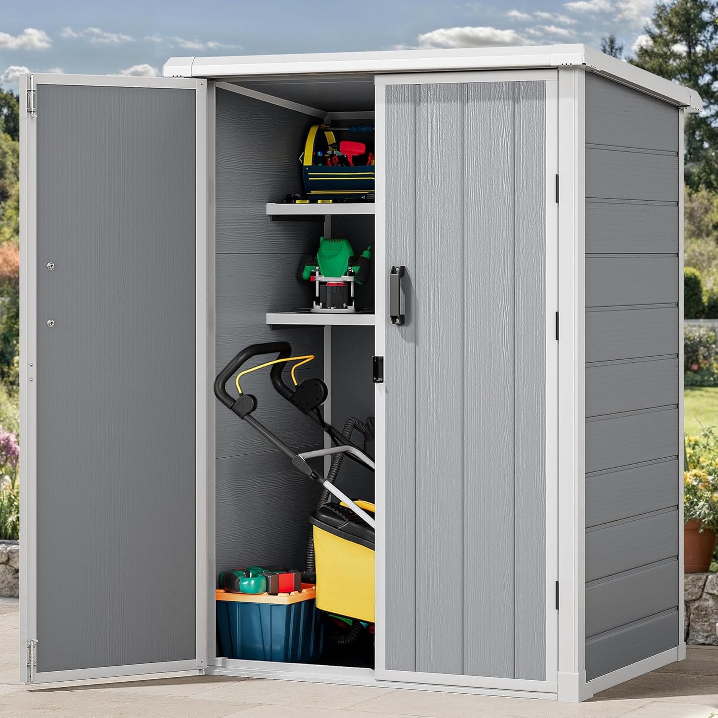 DWVO Outdoor Vertical Storage Shed with 2 Shelves, 60 Cu Ft Waterproof Resin Garden Shed with Floor & Lockable Door, Plastic Tall Tool Cabinet for Garbage Cans, Lawn Equipment, Garden Supplies (Gray)