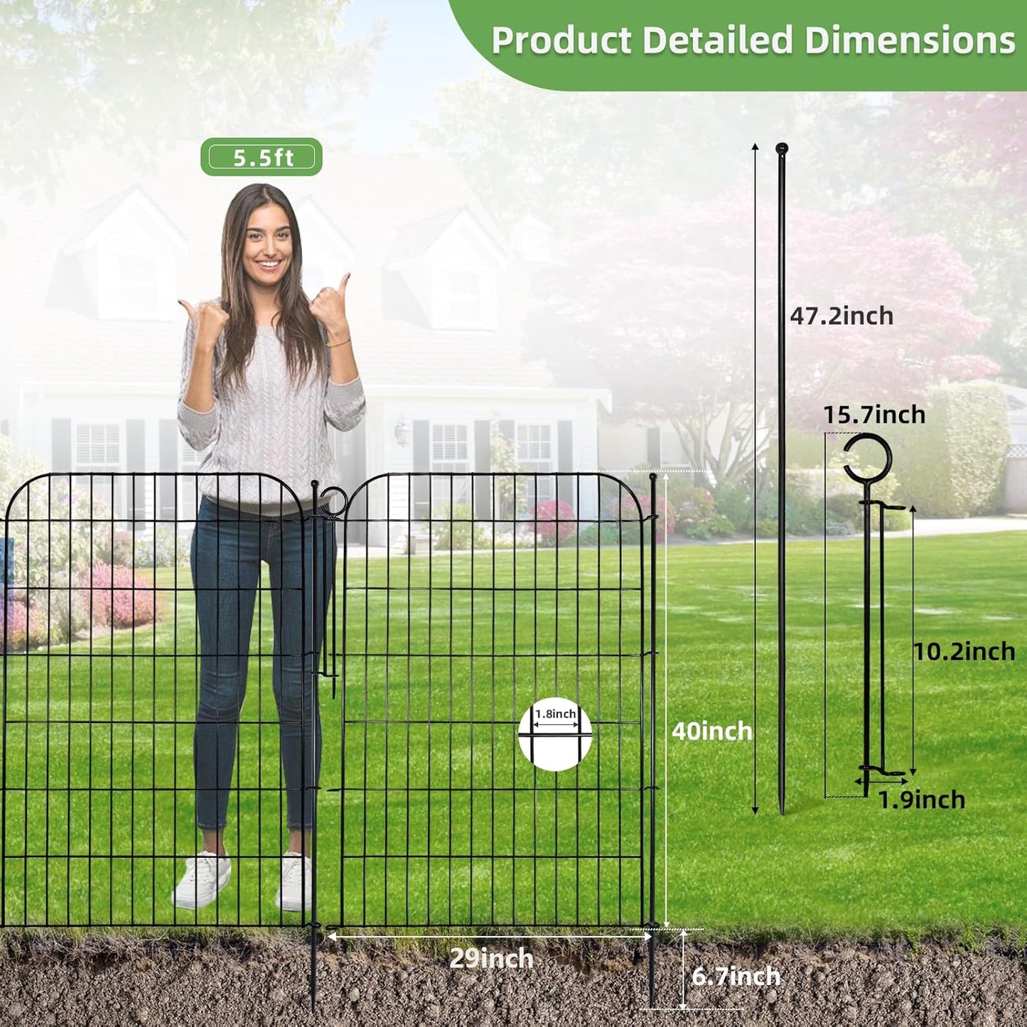 5 Panels No Dig Decorative Garden Fence with Gate for Yard, Total 11.8 ft(L) X 40 in(H) Animal Barrier Fencing for Dog, Patio Rustproof Metal Wire Panel Border, Temporary Tall Fence with Ground Stakes