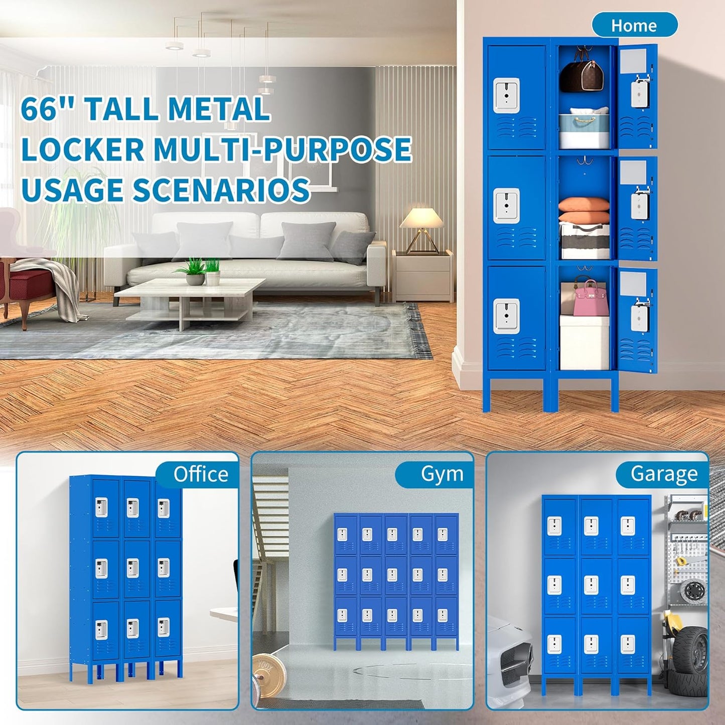 Metal Locker for Employees 66" H Tall Storage Lockers with Lock and Mirror Gym Locker Cabinet with 3 Doors Steel Wardrobe for Office Home School Staff Assembly Required