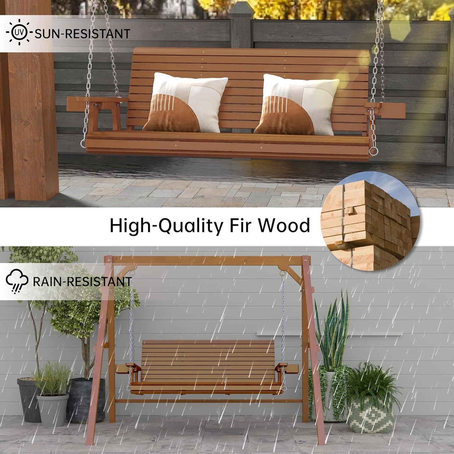 Wooden Outdoor Porch Swings, 3 Seater Front Porch Swing with Upgraded 22" Deep Seat, Heavy Duty 880 Lbs Swing Bench Chair for for Patio, Backyard, Garden (Teak Tone, 5 FT)