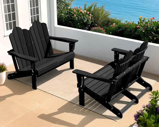 SERWALL Folding Adirondack Bench, HDPE All-Weather Adirondack Loveseat Set of 2, Black