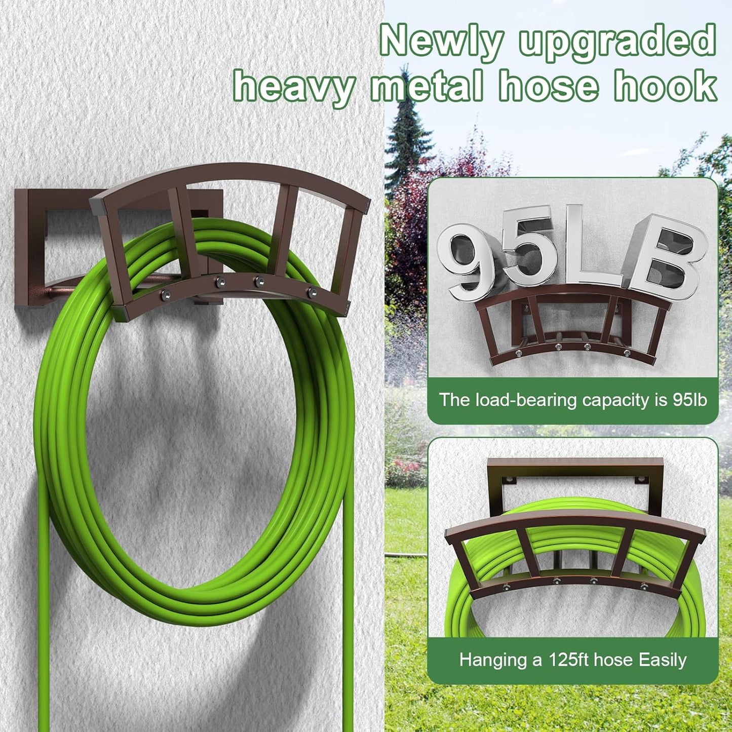2 Pack Garden Hose Holder Wall Mounted, Outdoor Heavy Duty Metal Water Hose Holder Hanger Holds 125-ft Water Pipe, Sturdy Detachable Hose Storage Organizer Reel Rack for Outside Garden Lawn, Bronze