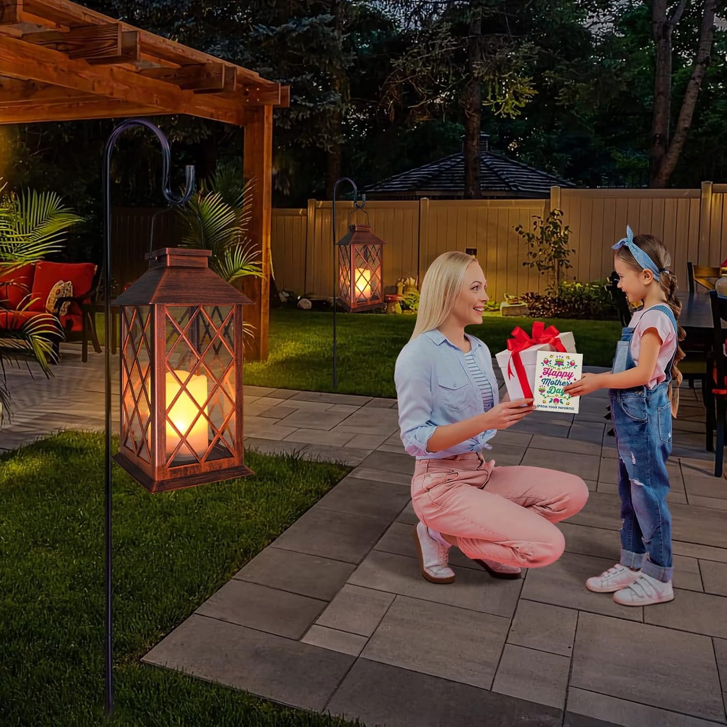 [2 Pack] TAKE ME 14" Solar Lantern Outdoor Garden Hanging Lantern Waterproof LED Flickering Flameless Candle Mission Lights for Table,Outdoor，Mothers Day Gifts Mom Wife