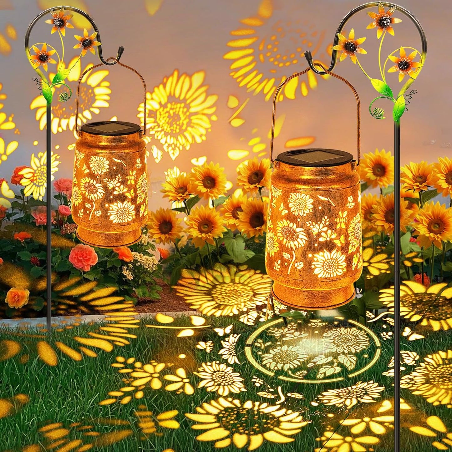 2 Pack Sunflower Solar Lanterns Garden Decor, Birthday Gifts for Women Mom Grandma Metal Hanging Solar Lights Outdoor Waterproof LED Decoration with Shepherd Hook Outside for Yard Porch Lawn Patio