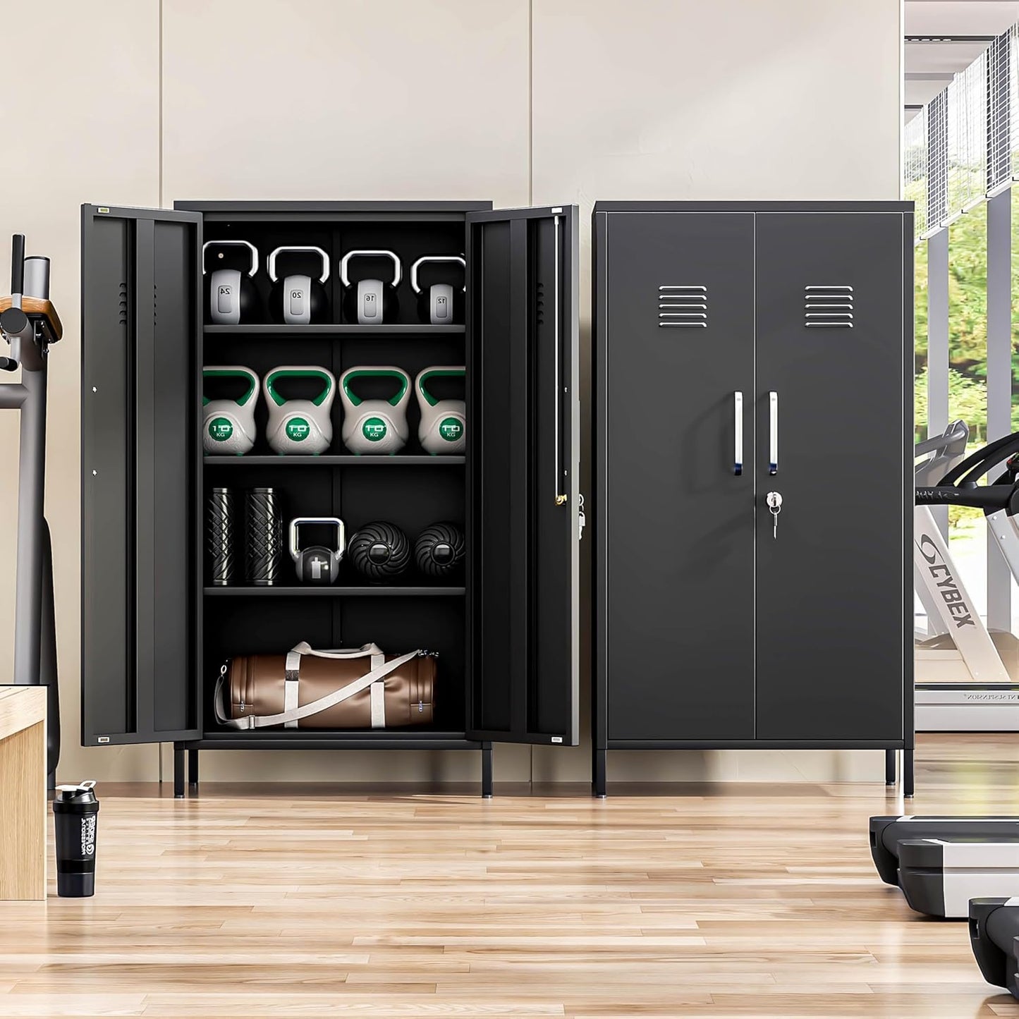 47" Metal Storage Locker, Lockable Employees Metal Locker with 2 Door and Adjustable Shelves, Steel Locker for Home, School, Office, Gym (Black)