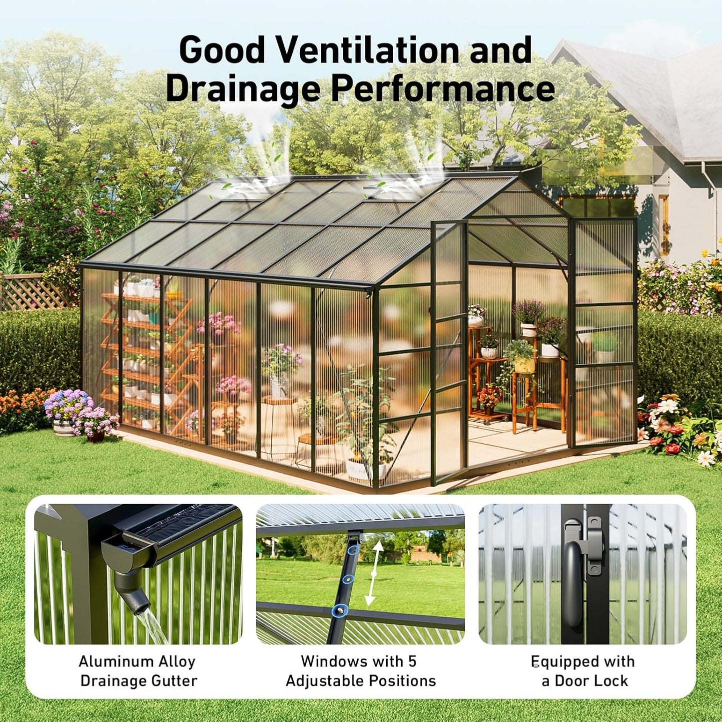 10x12FT Outdoor Greenhouse , Polycarbonate Green House with UV Protection, Heavy Duty Greenhouse with Windproof Aluminum Frame, Roof Vent & Quick-Install Design for Backyard or Garden Use