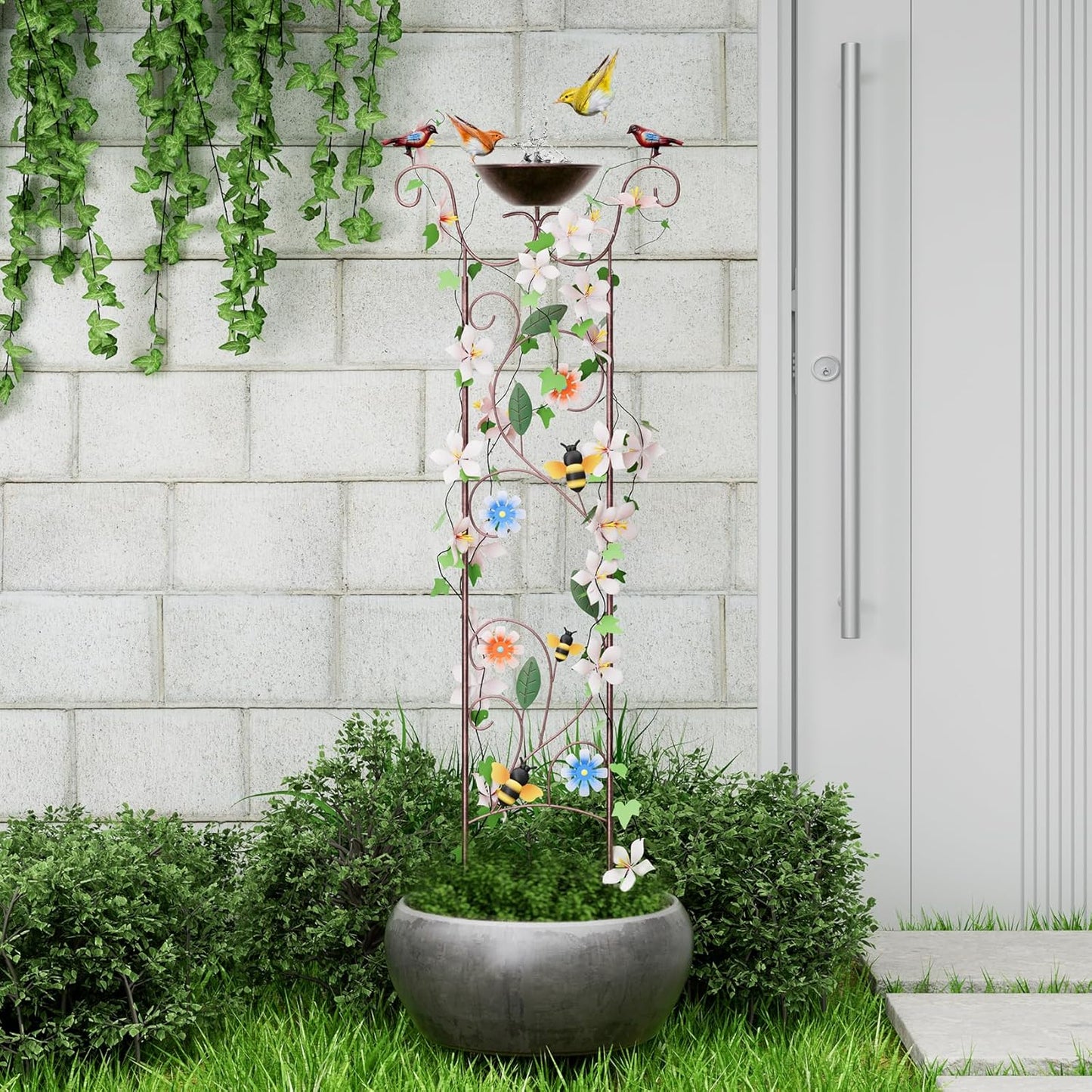 Bird Bath for Outside - Antique Iron Bird Bath with Trellis,Detachable Decorative Hummingbird Bowl,Metal Plant Support for Climbing Flowers,Elegant Outdoor Garden Feature (Honeybee)