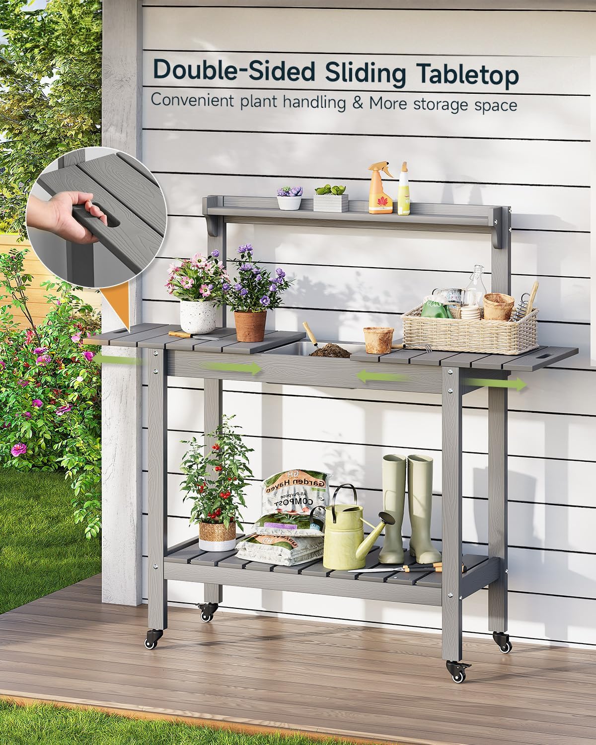 HDPS Outdoor Potting Bench with Sliding Tabletop/ 4 Wheels/Removable Sink, All-Weather Outside Garden Work Table, No Rust/Fade/Break, Potting Station for Porch, Patio & Backyard (Grey)