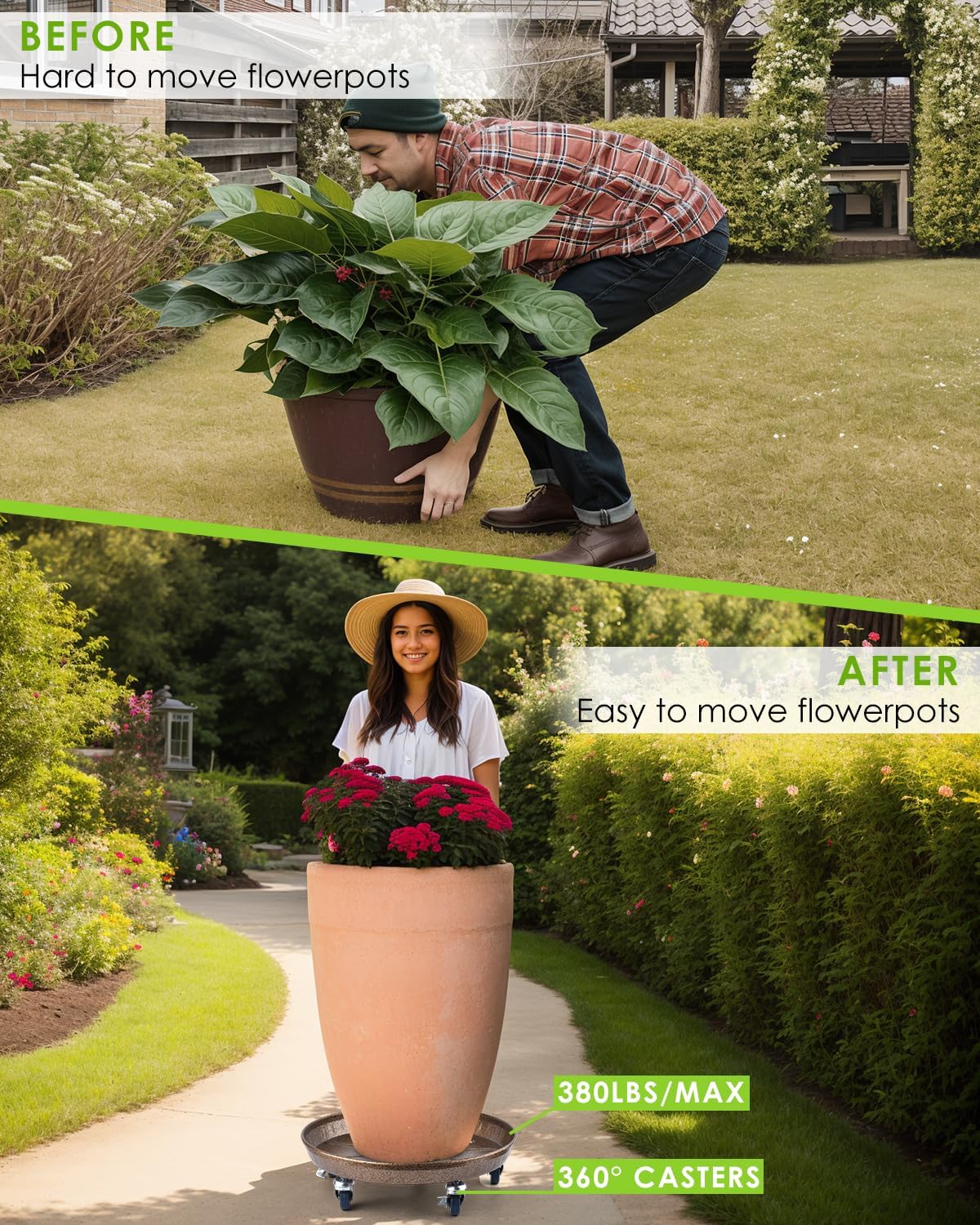 PACETAP 2Pack 11.8'' Large Plant Stand with Lockable Wheels, Heavy-Duty Plant Caddy with Casters for Indoor and Outdoor, Round Rolling Garden Pot Mover to Carry Potted Flower Pot