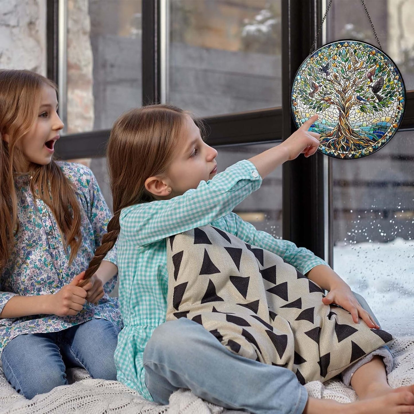 Tree of Life with Birds Sun Catcher RVEAFA Stained Glass Window Hanging Birds Lover Gifts for Women Wall Decor Handmade Sun Catcher Decoration for Garden Home Housewarming Gifts（20 * 20cm