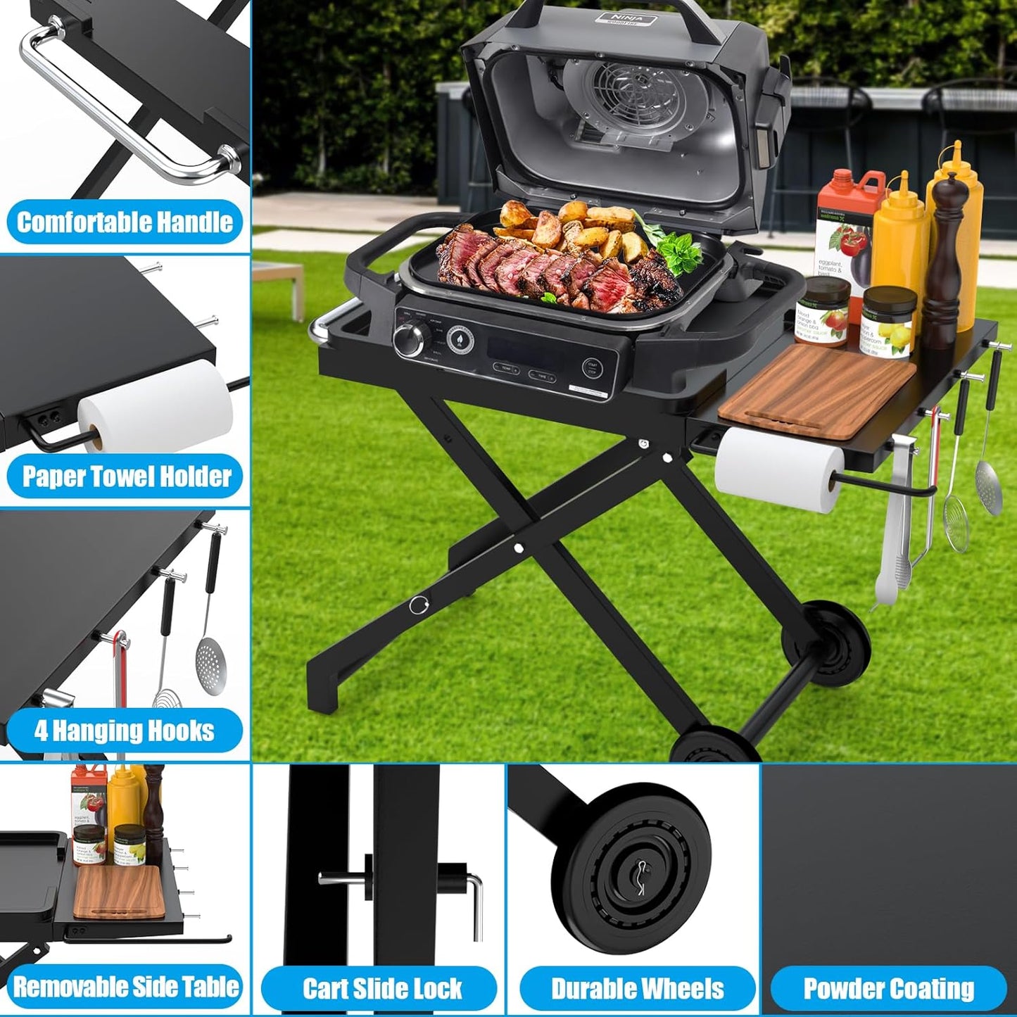 Collapsible Grill Stand for Ninja Woodfire OG701 OG800 OG900 Series & OO101 Pizza Oven Grill,Outdoor Table Cart with Side Shelf for Ninja XSKSTAND XSKUNSTAND Woodfire OG 700 Series,Foldable