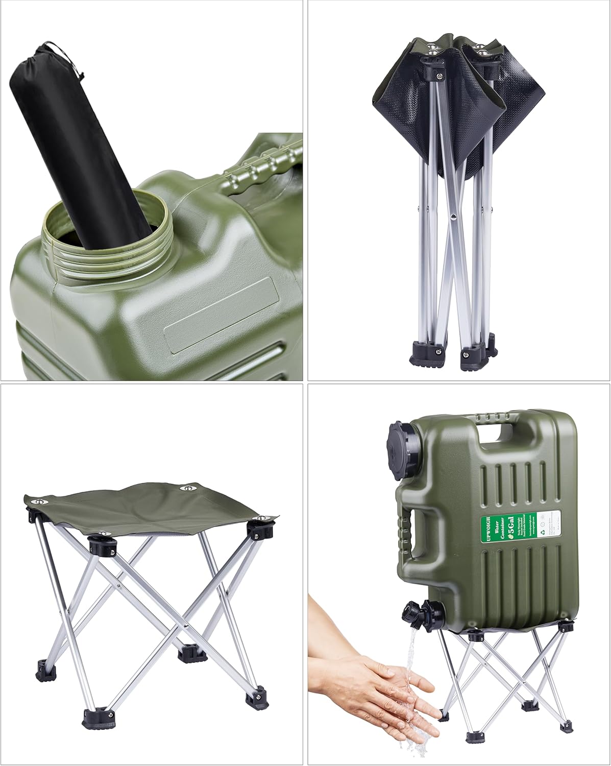UPWOIGH 5 Gallon Water Jug with Spigot and Folding Stool – Leak-Proof, BPA-Free Portable Green Water Container with Stand, Large Outdoor Storage Tank for Camping, Hiking, RV, Travel, and Emergency Use